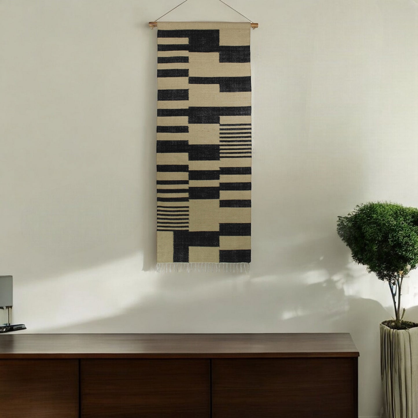 73" X 29" Beige And Black Abstract Geometric Jute Hanging Tapestry