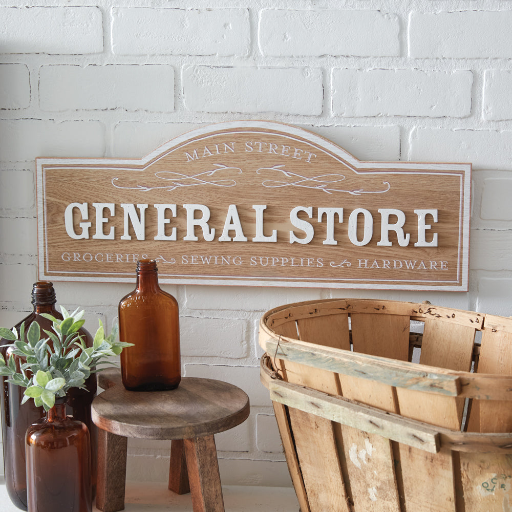 General Store Wall Sign in Light Wood and White