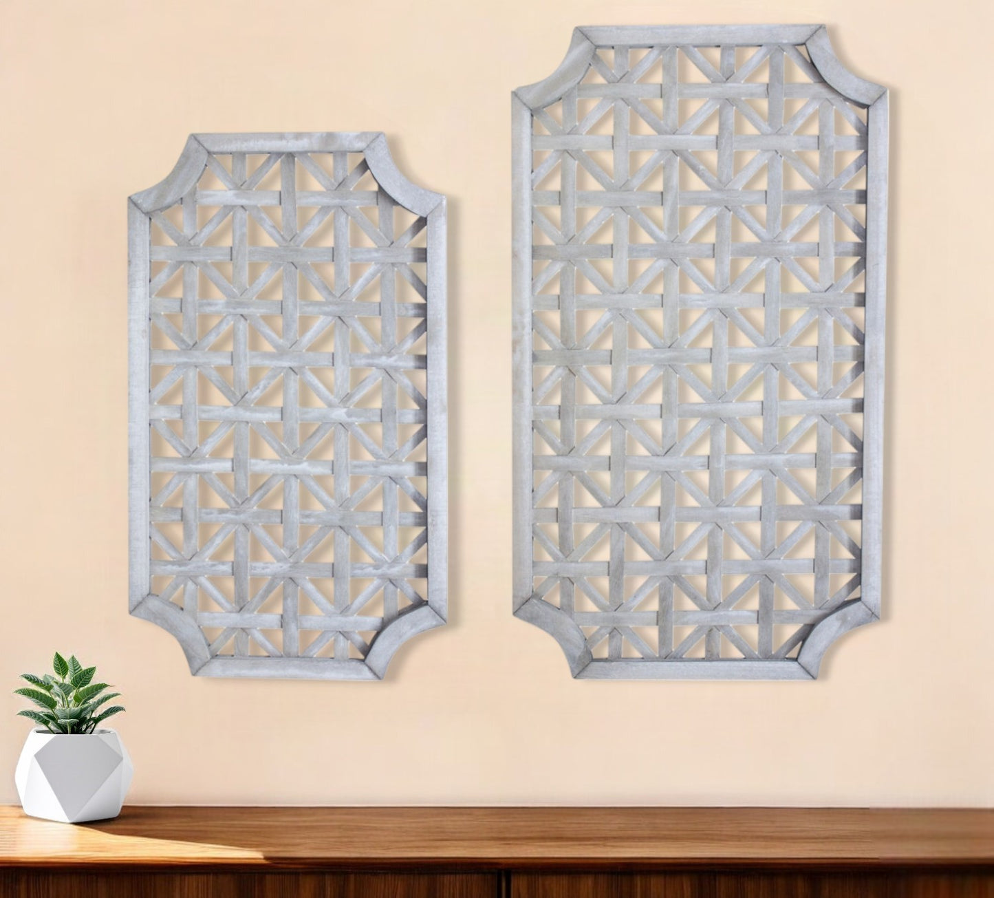 Set of Two Gray Geometric Solid Wood Framed Art
