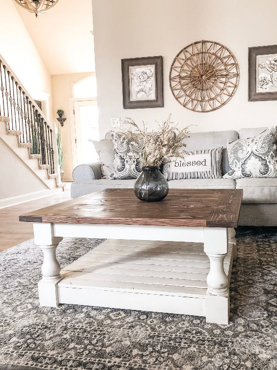 Baluster Distressed Farmhouse Style Table with a Warm Brown Stained Top