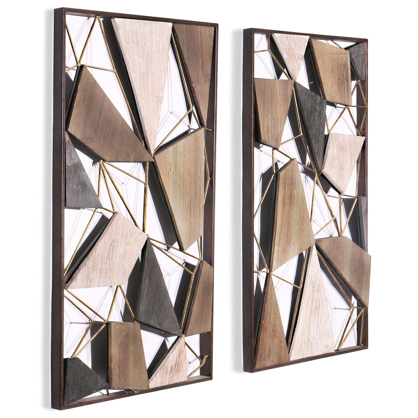 Set of Two Brown and Gold Geometric Wood and Metal Hanging Dimensional Sculptures