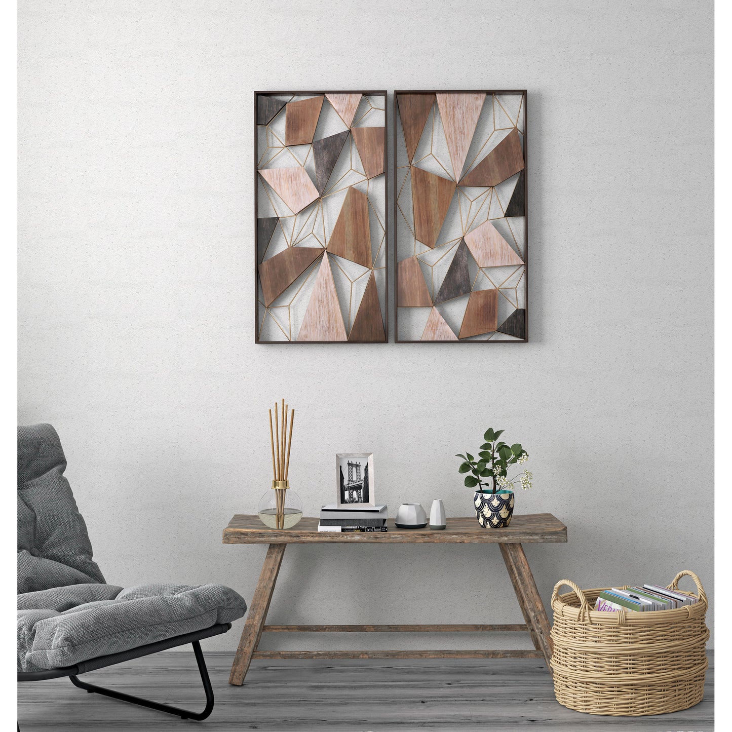 Set of Two Brown and Gold Geometric Wood and Metal Hanging Dimensional Sculptures