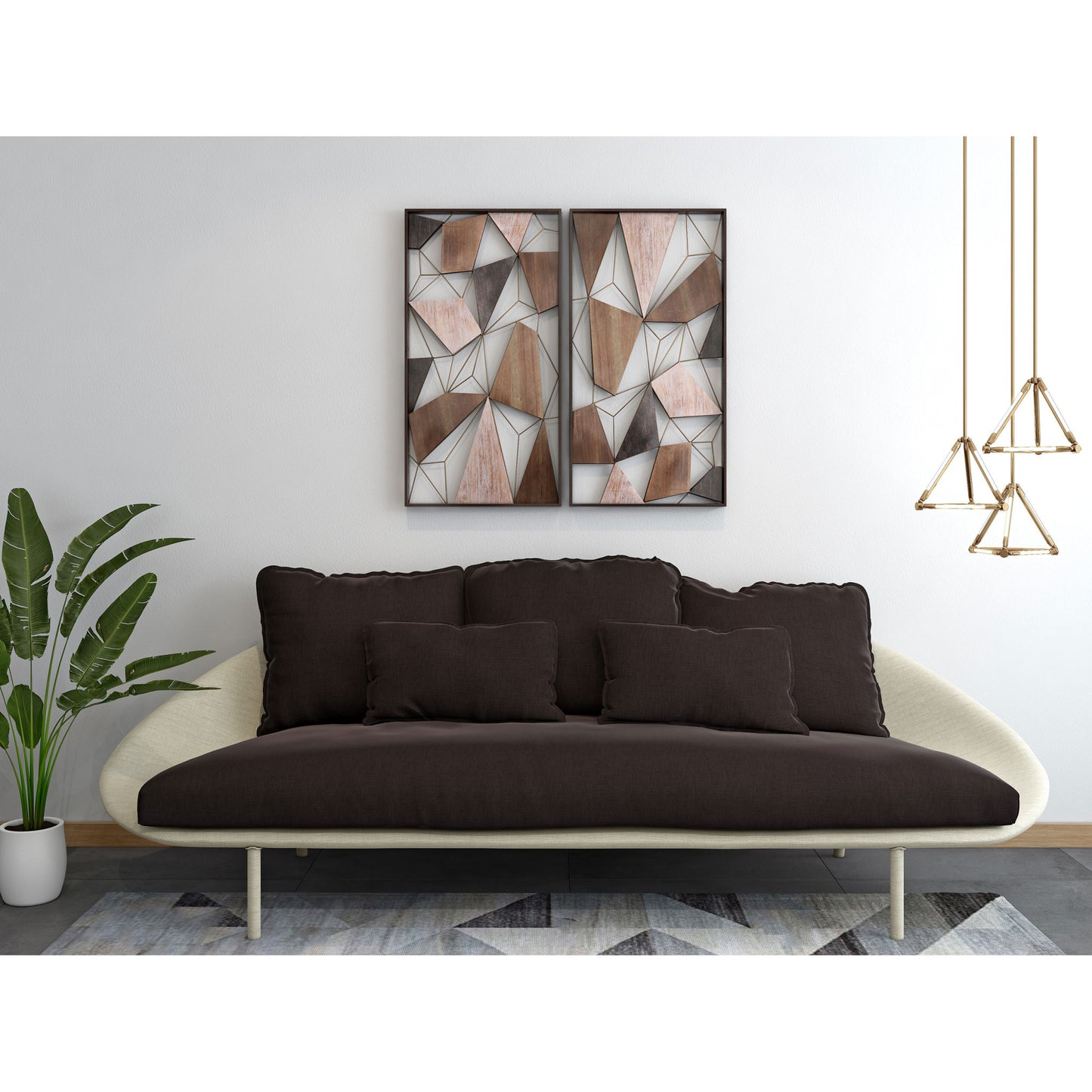 Set of Two Brown and Gold Geometric Wood and Metal Hanging Dimensional Sculptures