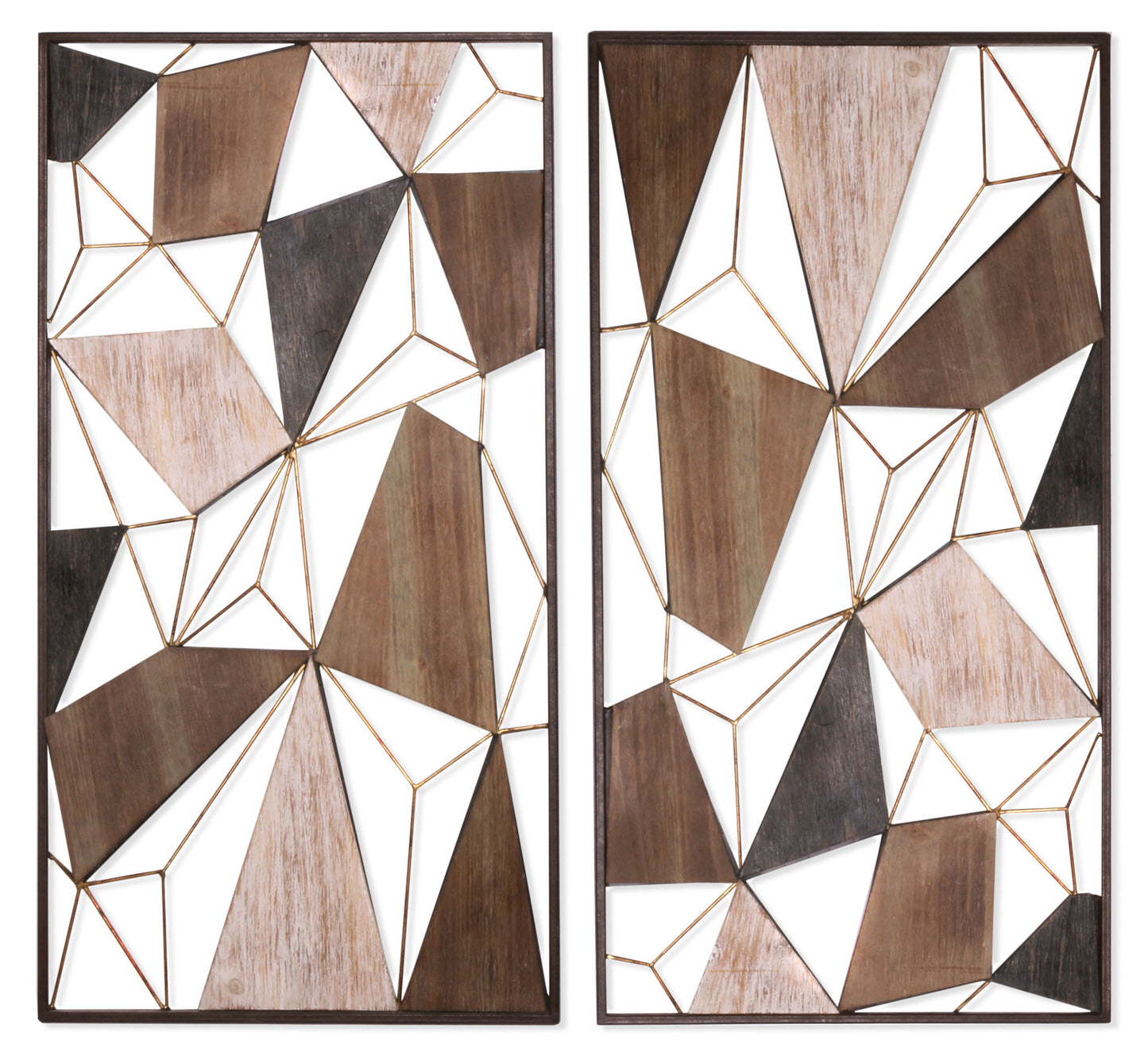 Set of Two Brown and Gold Geometric Wood and Metal Hanging Dimensional Sculptures
