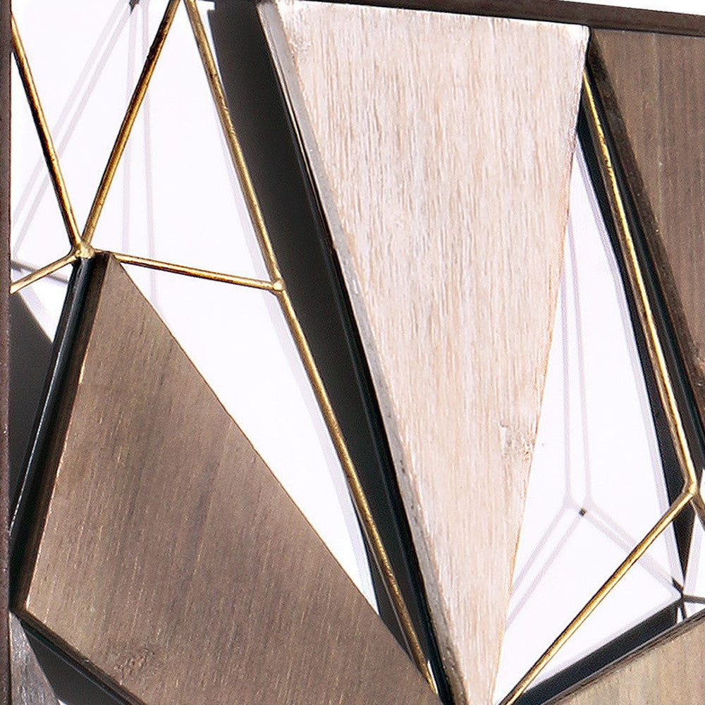 Set of Two Brown and Gold Geometric Wood and Metal Hanging Dimensional Sculptures