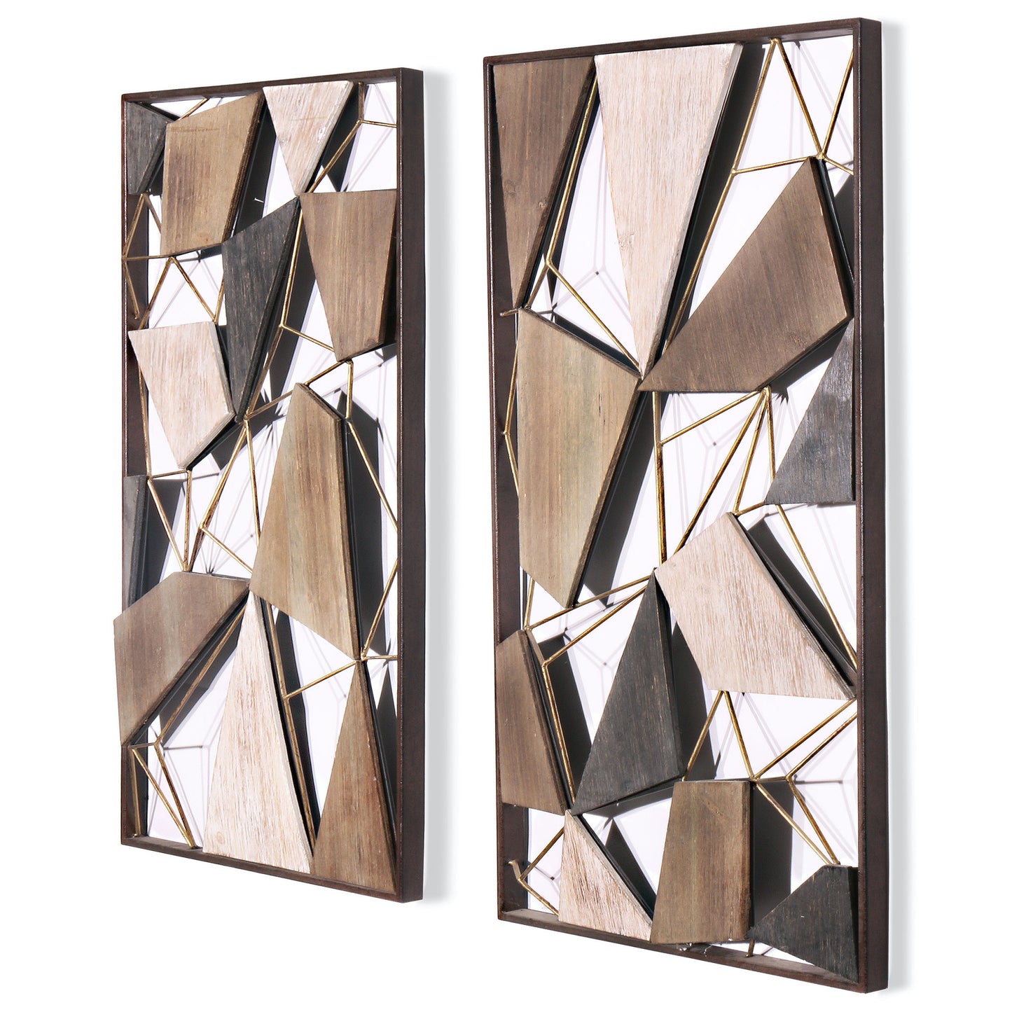 Set of Two Brown and Gold Geometric Wood and Metal Hanging Dimensional Sculptures