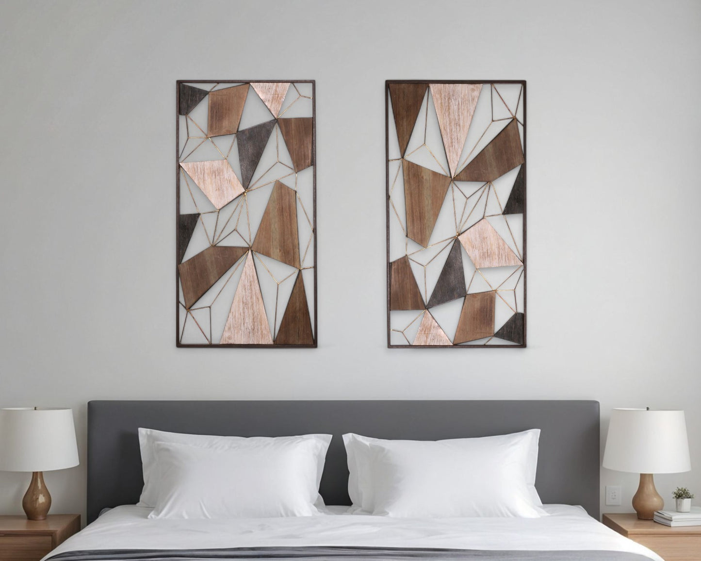 Set of Two Brown and Gold Geometric Wood and Metal Hanging Dimensional Sculptures