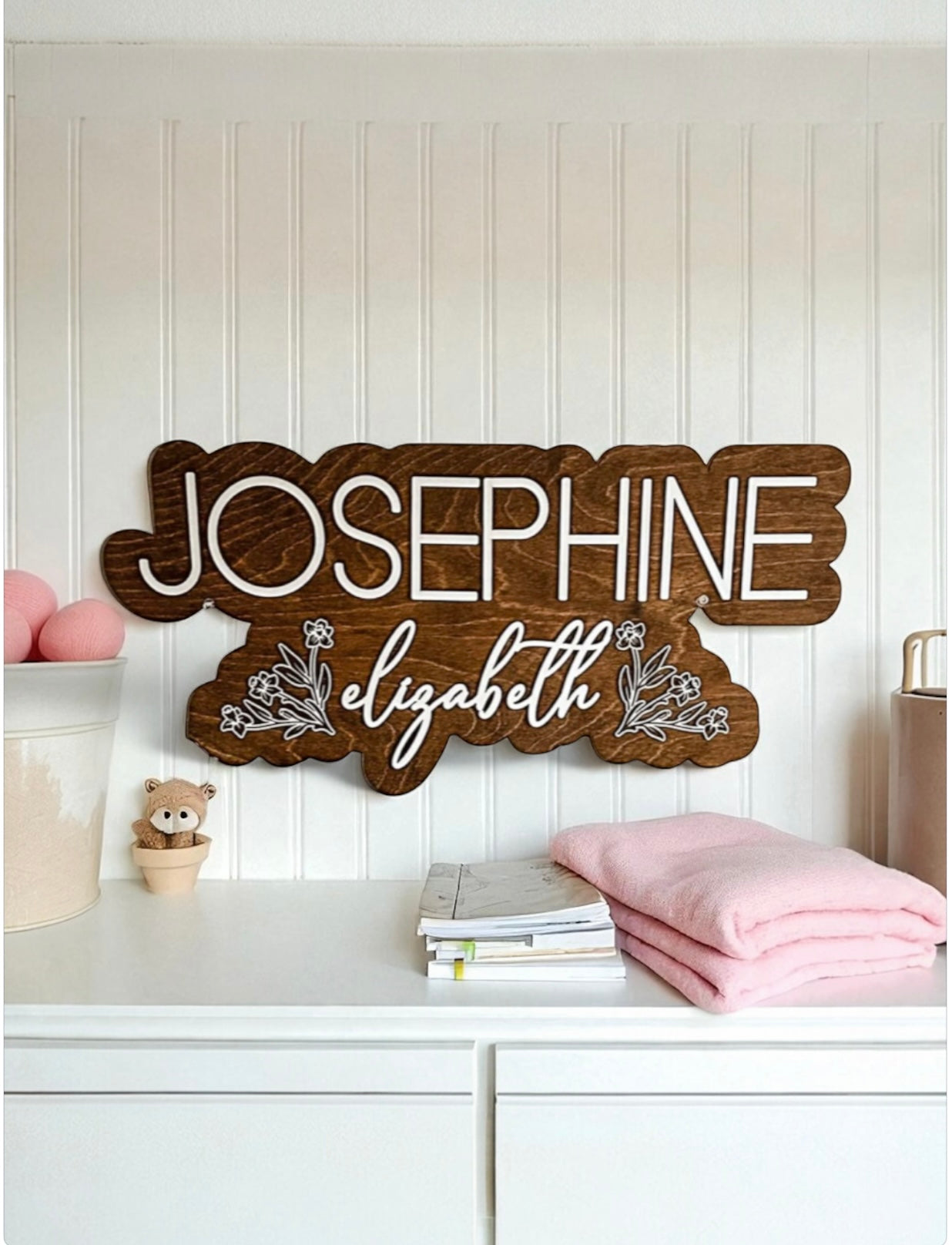 Engraved Floral Baby Name Sign, "Josephine"