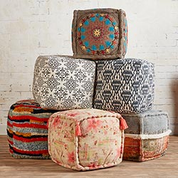 Tufted Embroidery Pouf Blue Pattern