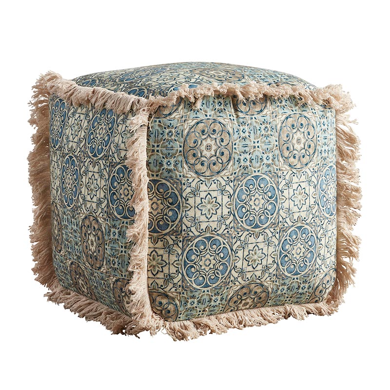 Tufted Embroidery Pouf with Green and Blue Pattern