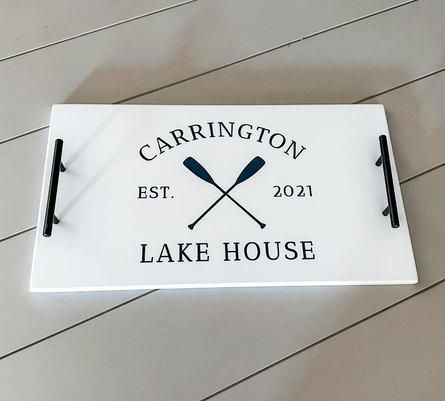 Personalized Lake House Serving Tray, White + Navy Script