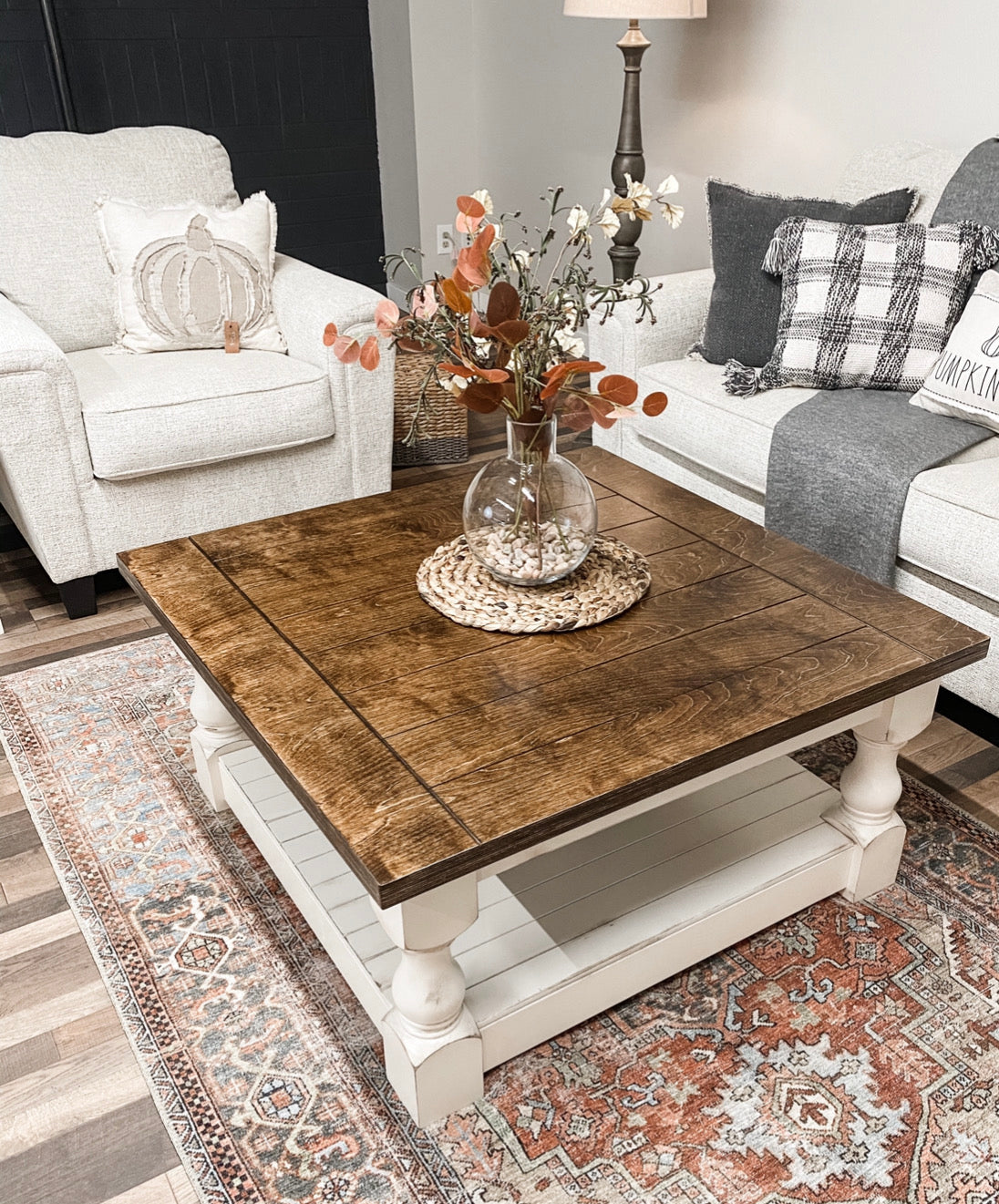 Baluster Distressed Farmhouse Style Table with a Warm Brown Stained Top