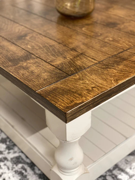Baluster Distressed Farmhouse Style Table with a Warm Brown Stained Top
