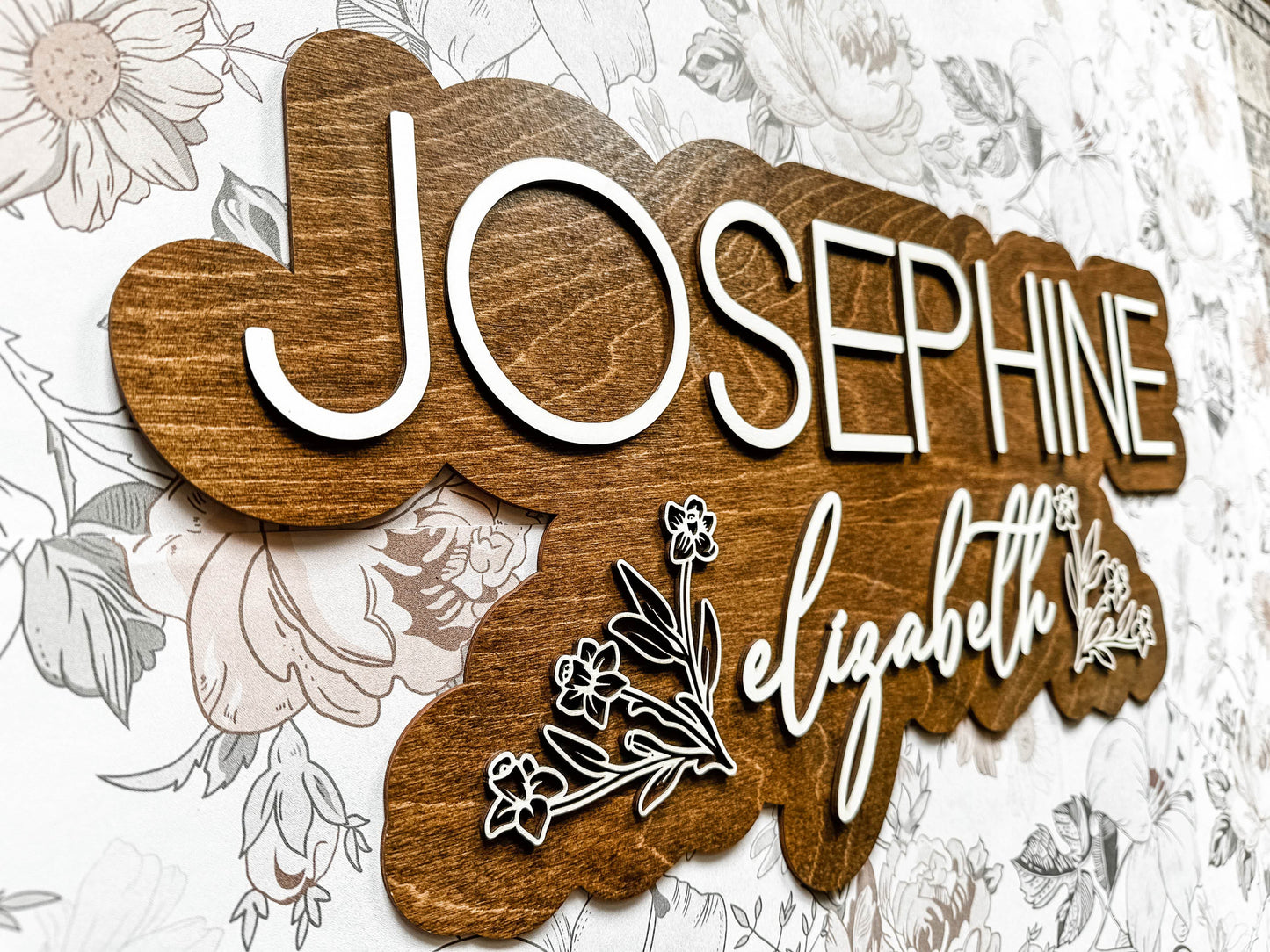 Engraved Floral Baby Name Sign, "Josephine"
