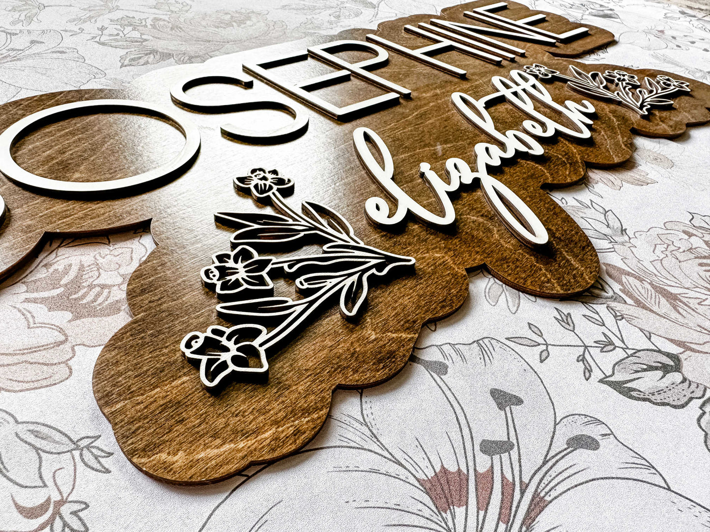 Engraved Floral Baby Name Sign, "Josephine"