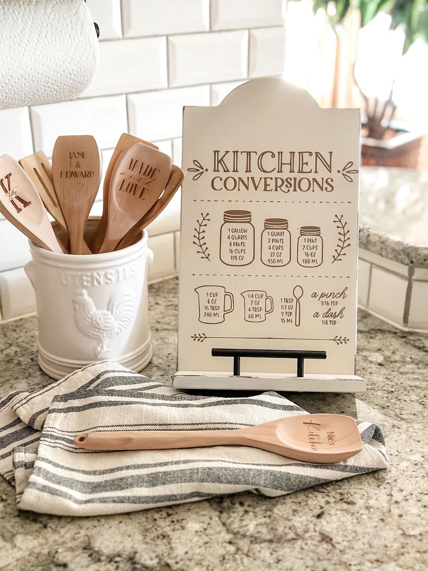 Engraved Kitchen Conversions Cookbook Stand, Ivory Distressed