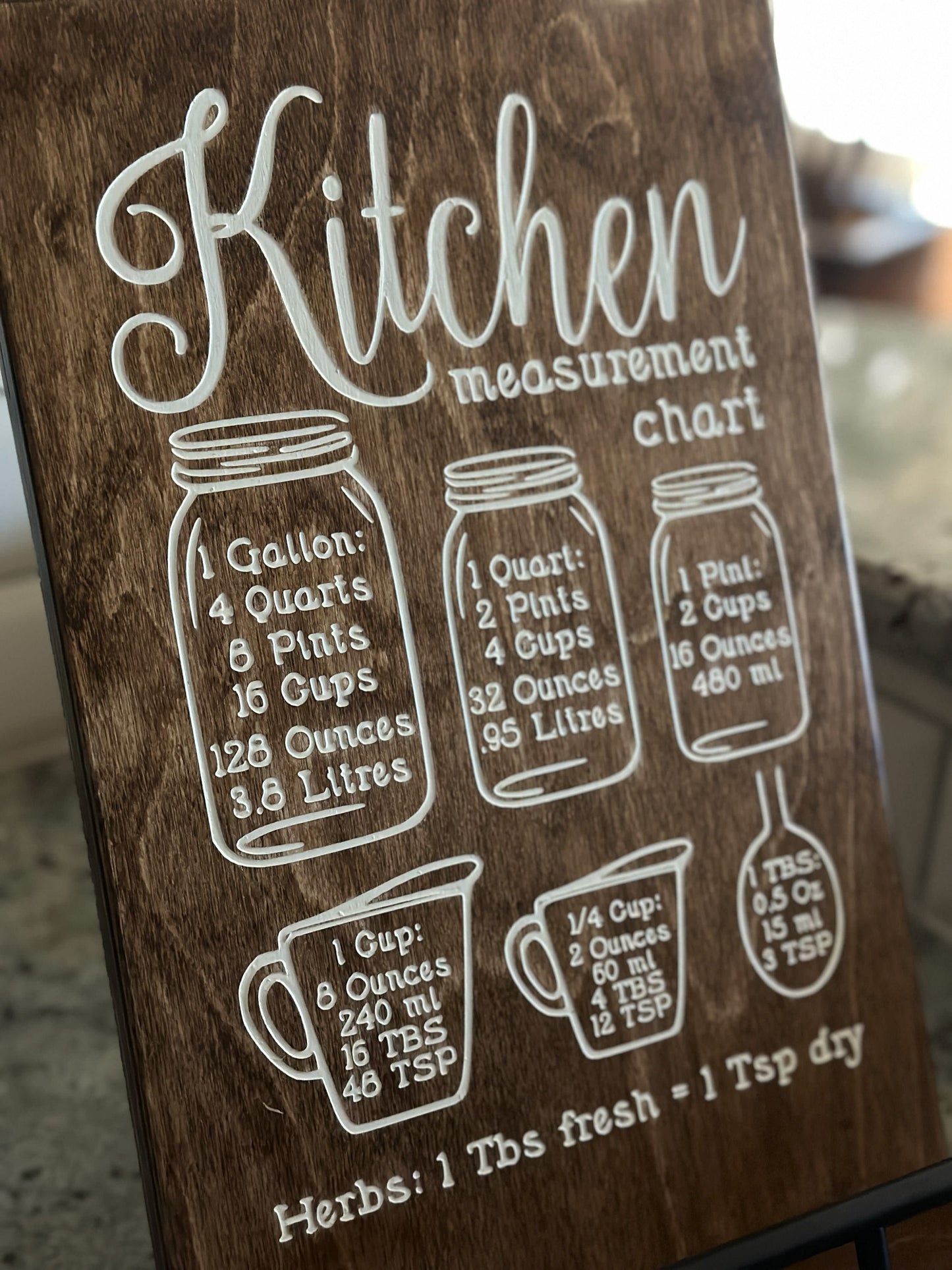 Engraved Kitchen Measurement Chart Cookbook Stand, Warm Brown + White Script
