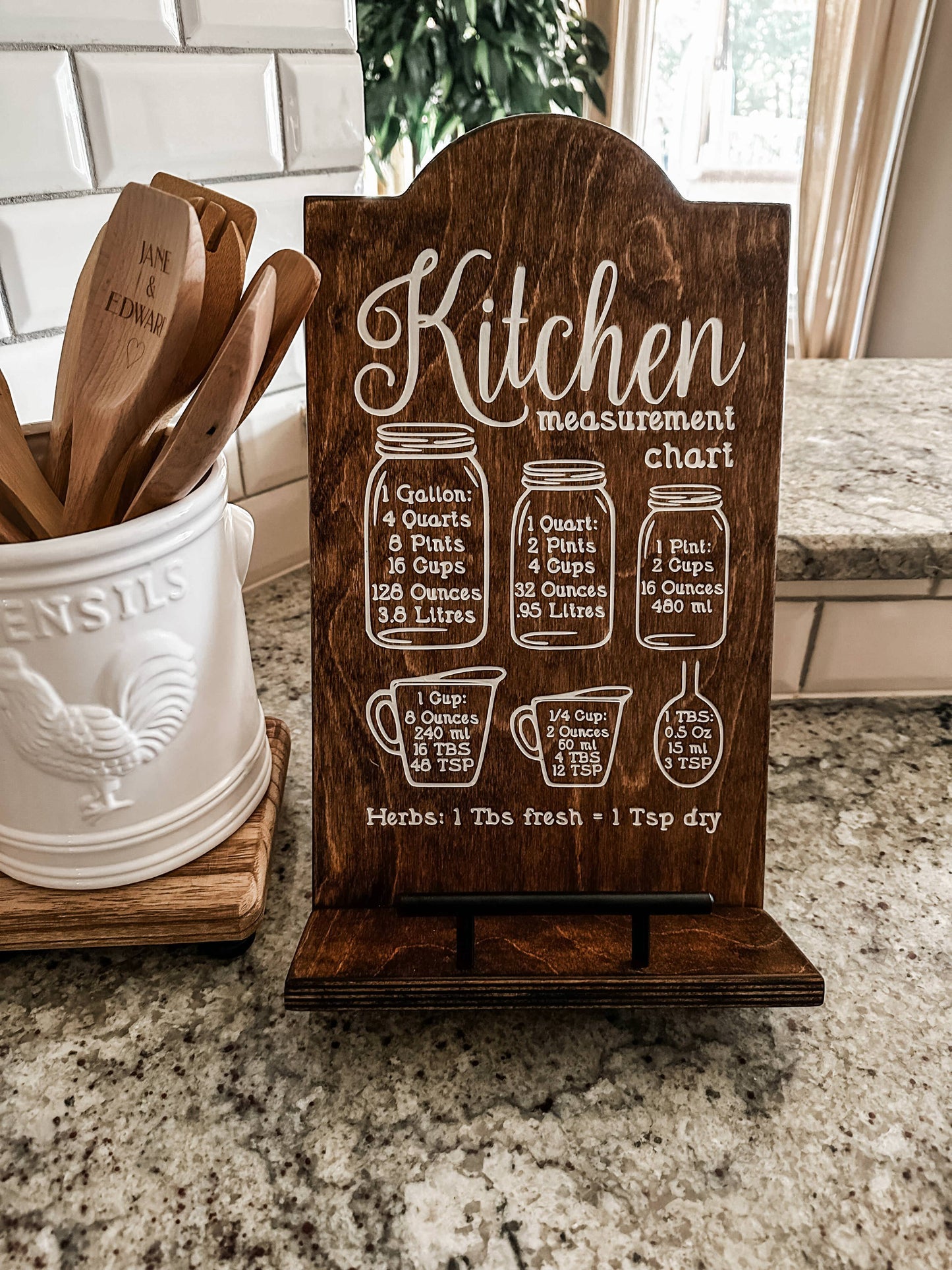 Engraved Kitchen Measurement Chart Cookbook Stand, Warm Brown + White Script