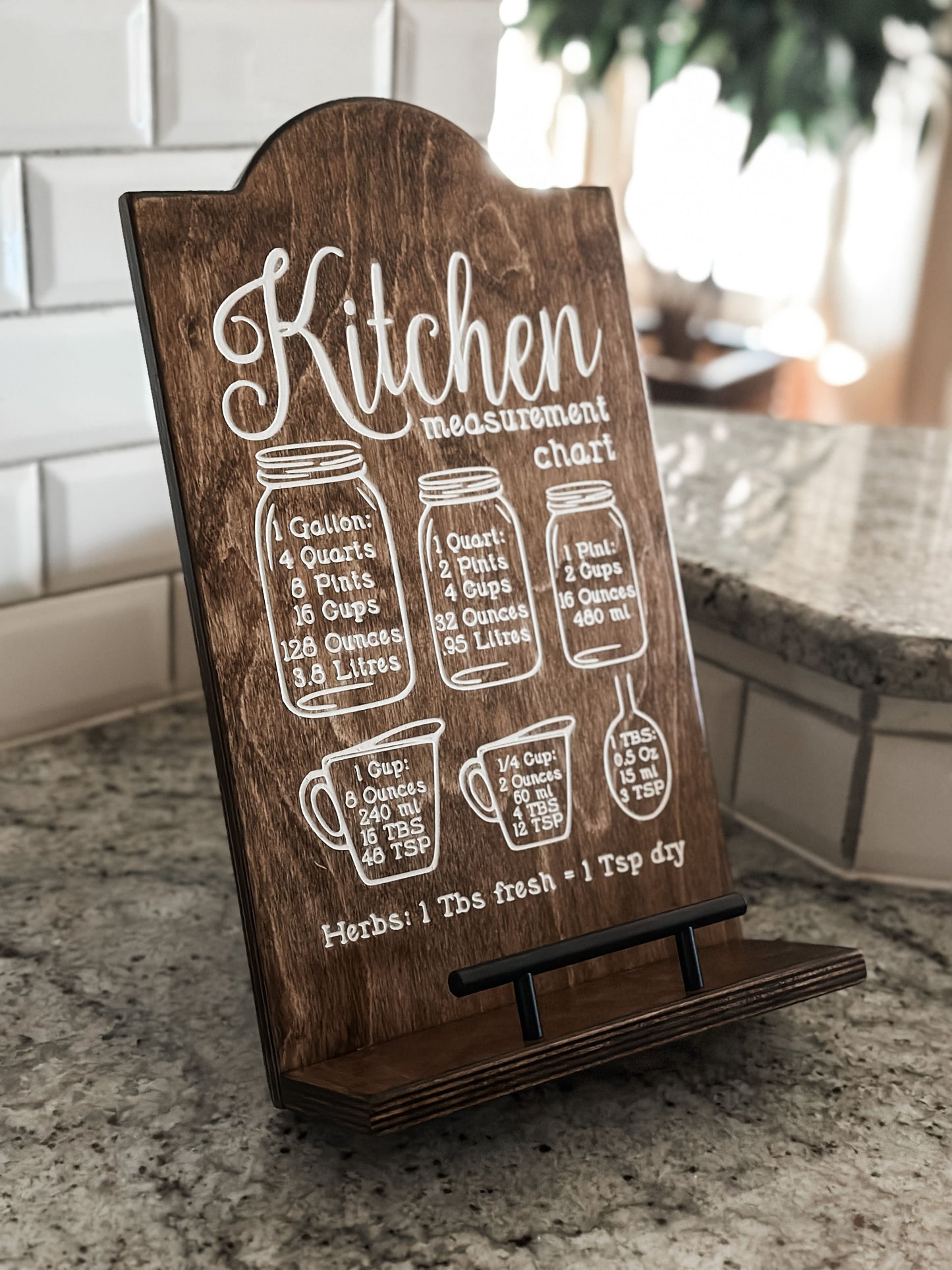 Engraved Kitchen Measurement Chart Cookbook Stand, Warm Brown + White Script