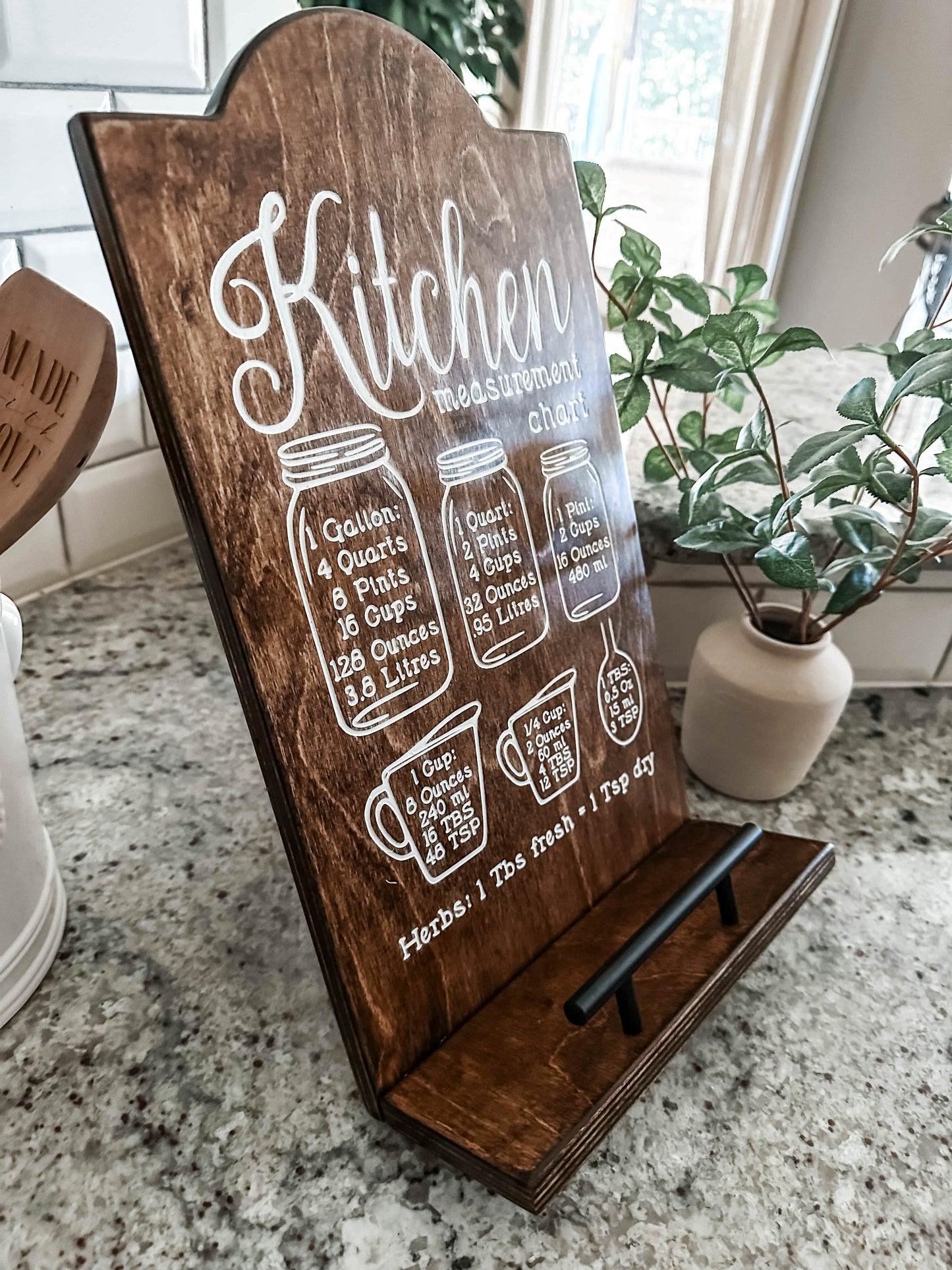 Engraved Kitchen Measurement Chart Cookbook Stand, Warm Brown + White Script