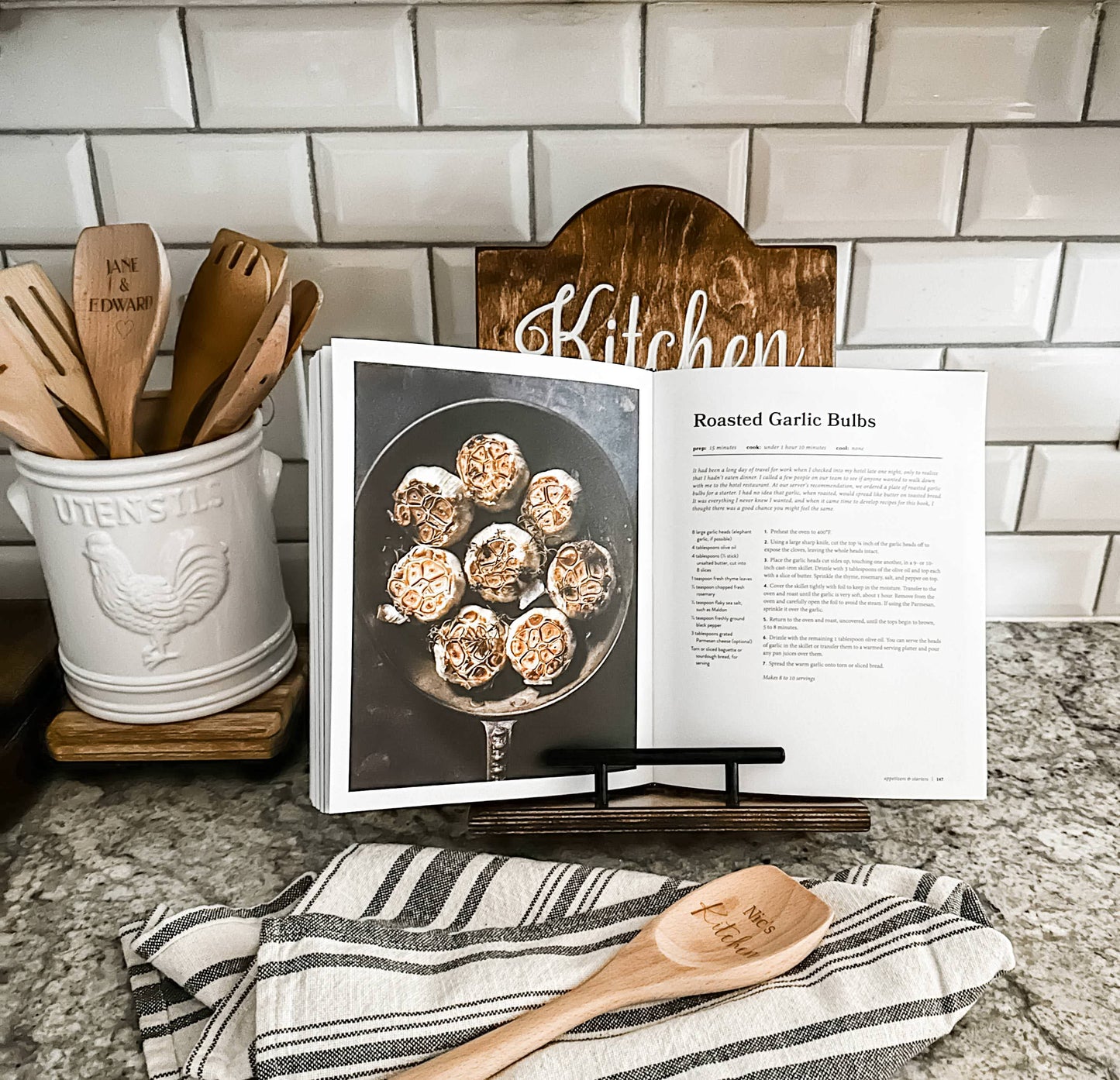 Engraved Kitchen Measurement Chart Cookbook Stand, Warm Brown + White Script