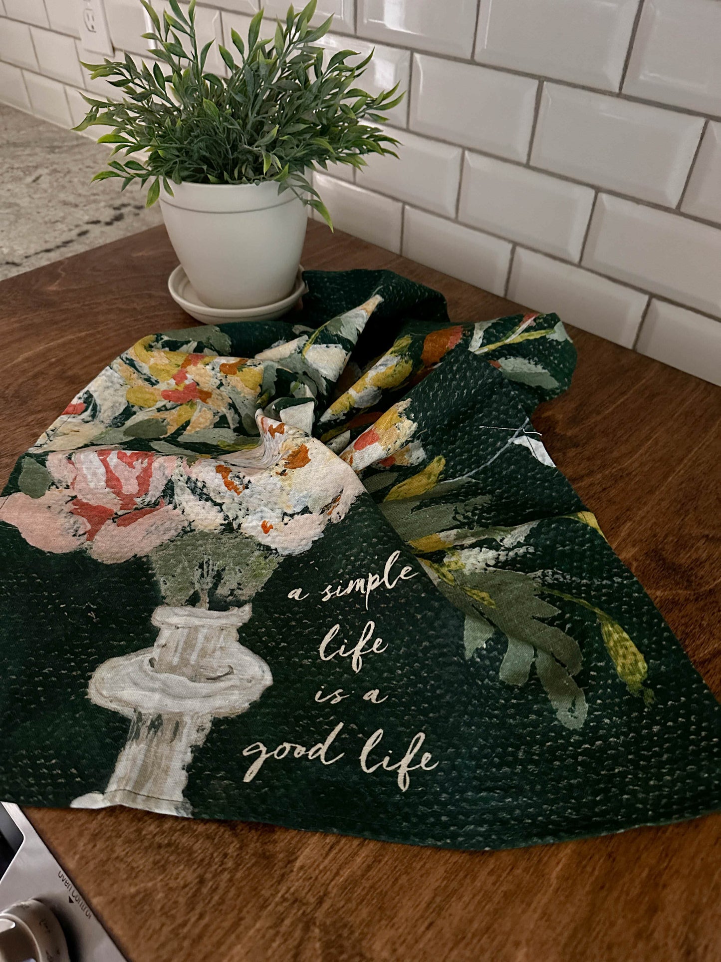 "Simple Life" Watercolor Floral Kitchen Towel