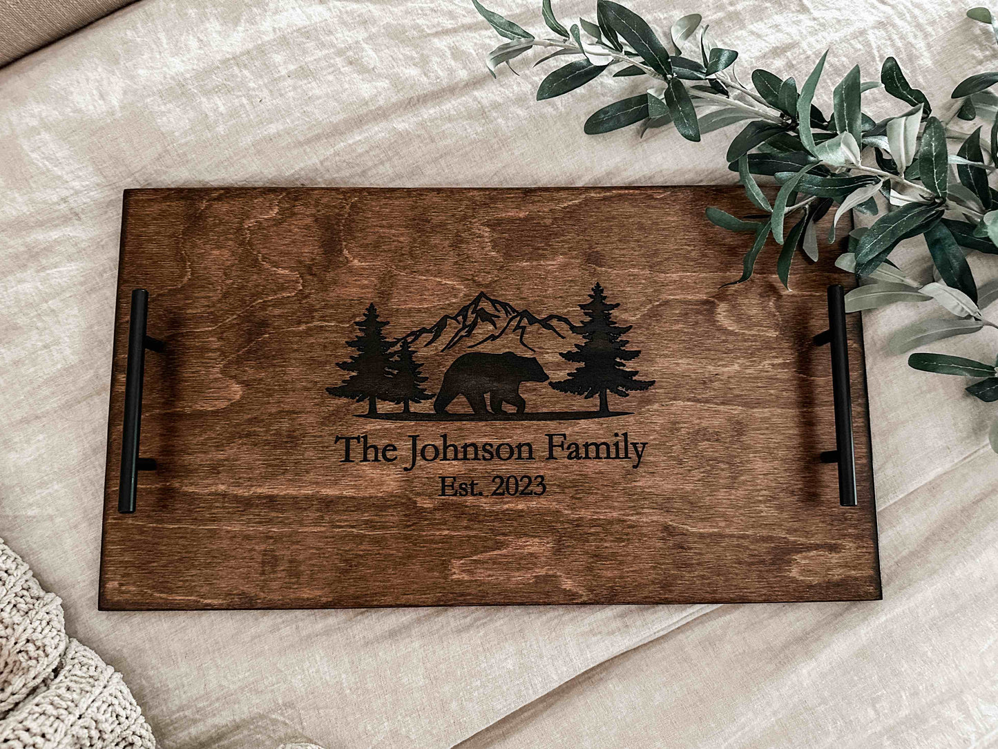 Personalized Cabin Serving Tray, Warm Brown + Black Script