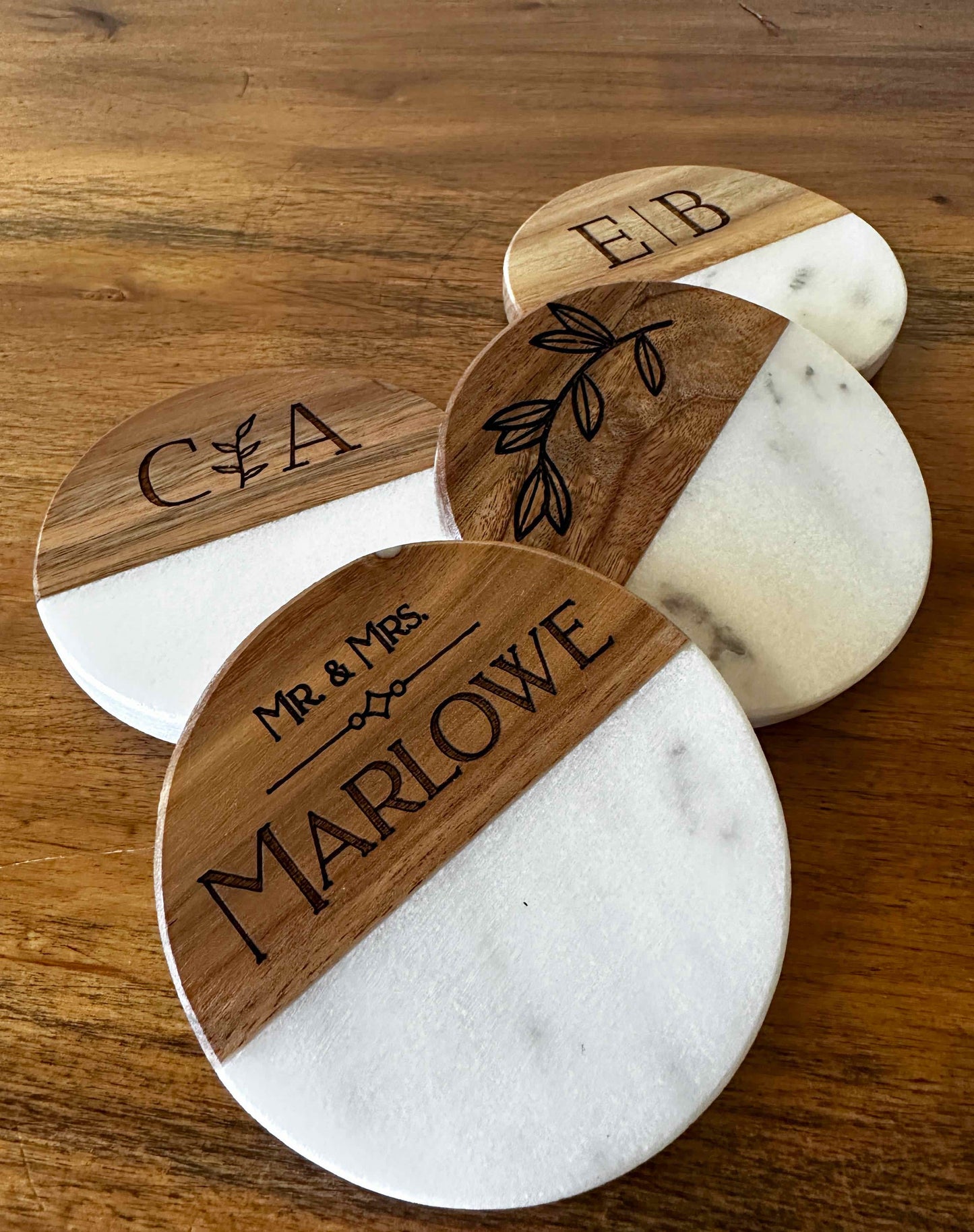 Engraved Marriage/Anniversary Wood + Marble Coaster Set