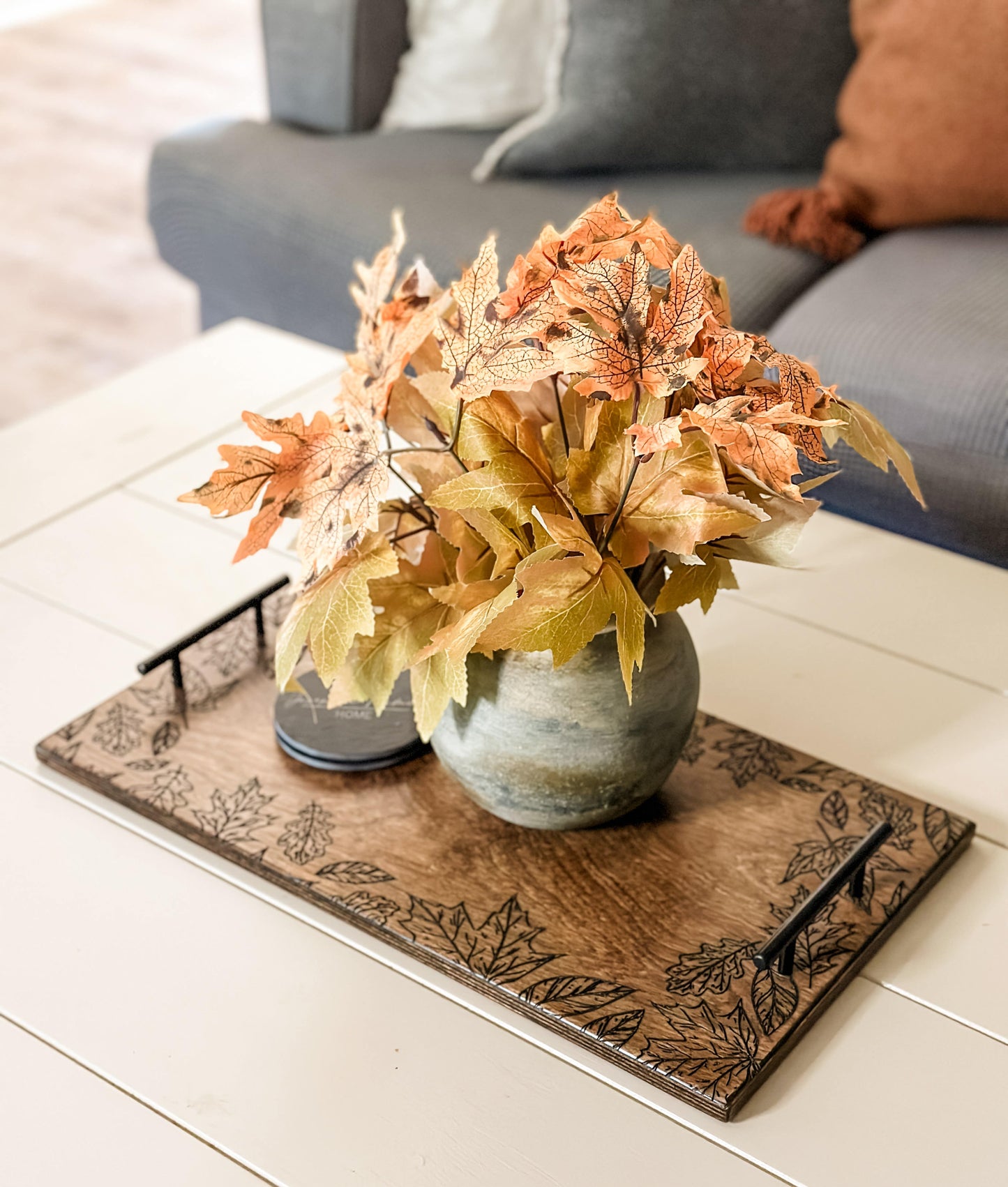 Engraved Fall Leaf Serving Tray, Warm Brown + Black