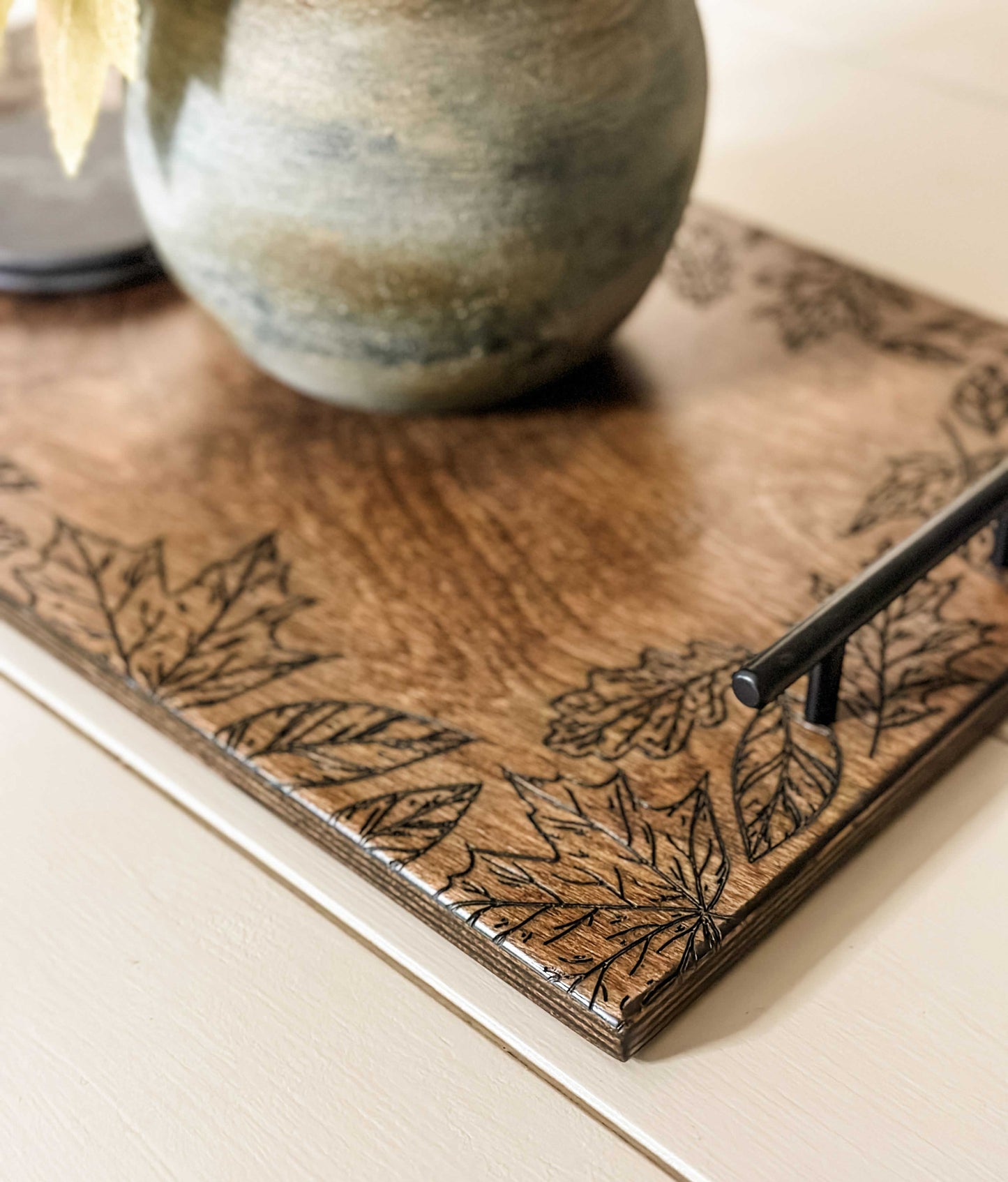 Engraved Fall Leaf Serving Tray, Warm Brown + Black