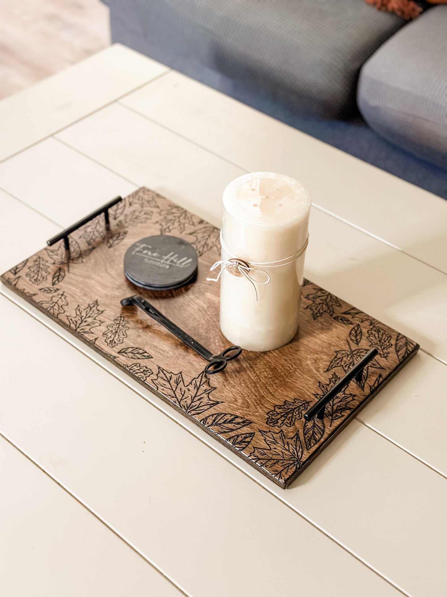 Engraved Fall Leaf Serving Tray, Warm Brown + Black