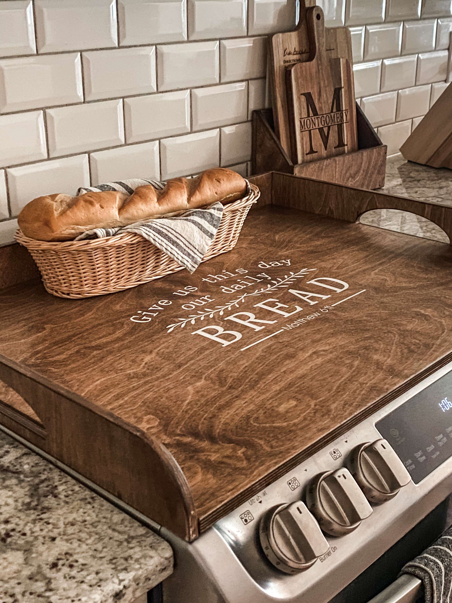 Raised Edge Warm Brown Stove Cover Matthew 6:11 Daily Bread