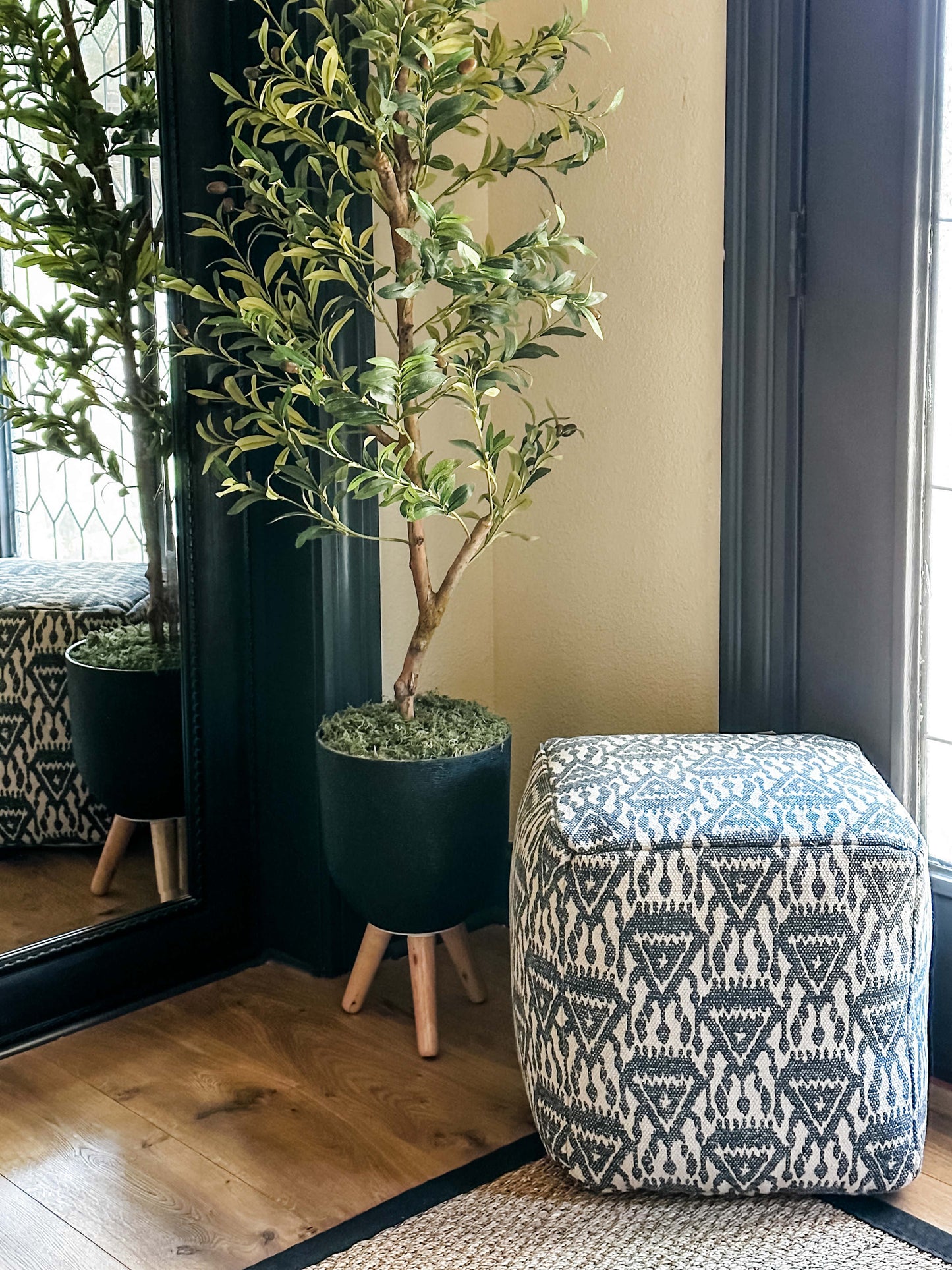 Tufted Embroidery Pouf Blue Pattern