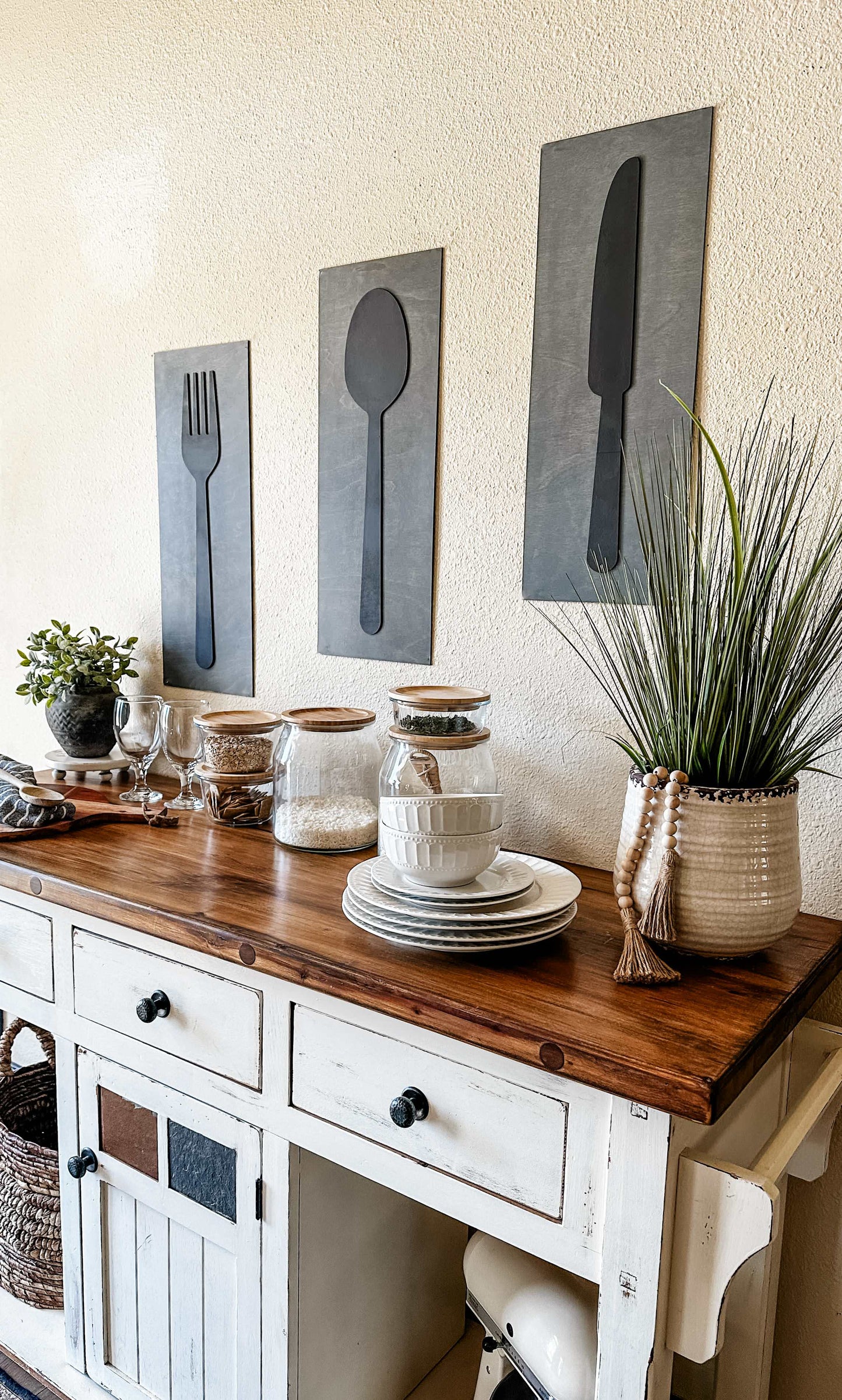 Fork, Knife, & Spoon Wall Hanging, Heather Gray + Black layered