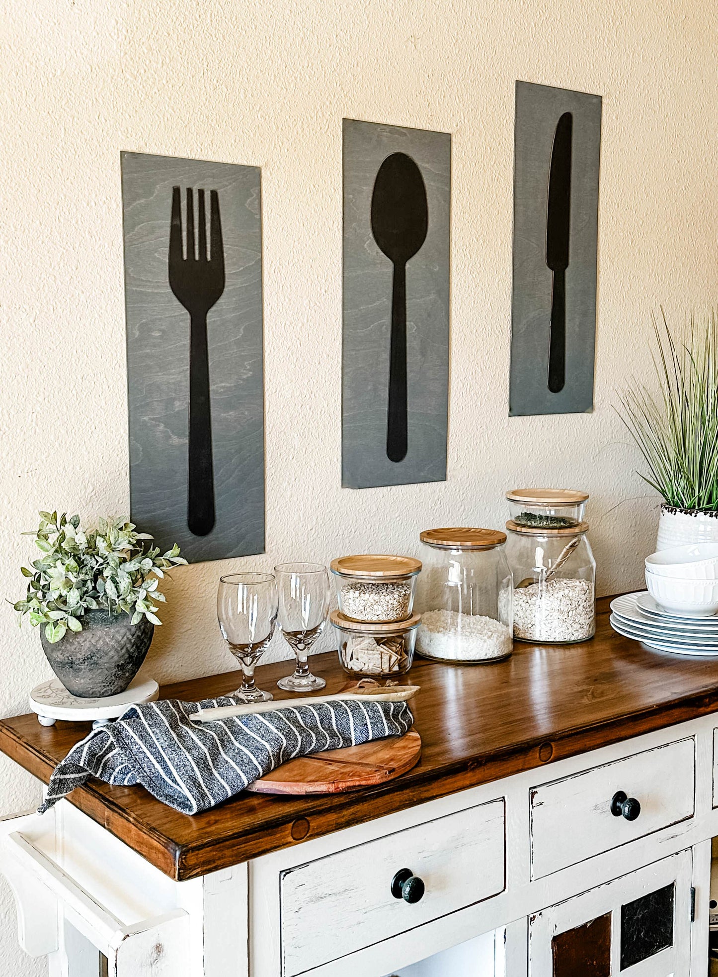 Fork, Knife, & Spoon Wall Hanging, Heather Gray + Black layered