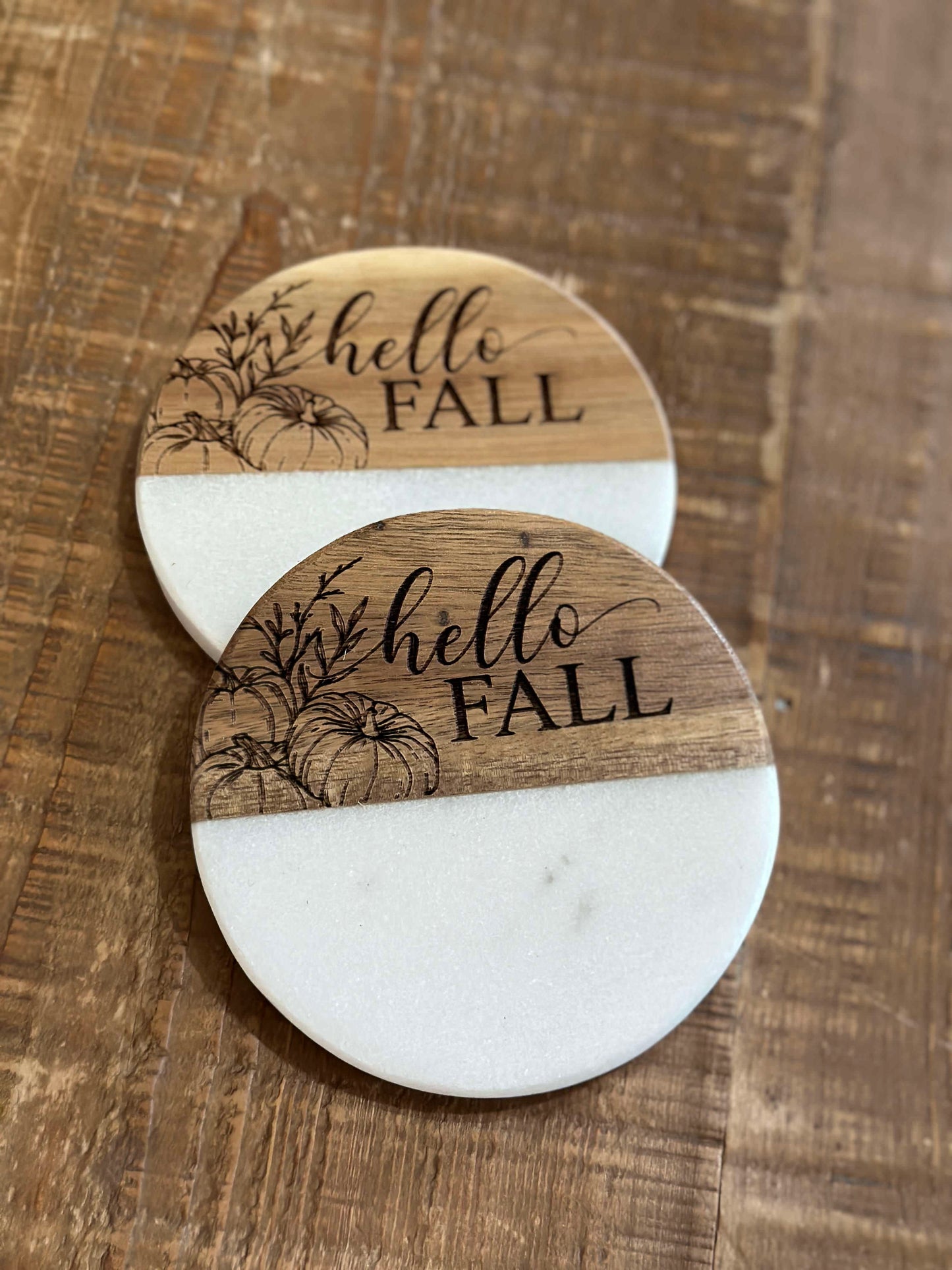 Sunflower Hello Fall Engraved Wood + Marble Coaster Set