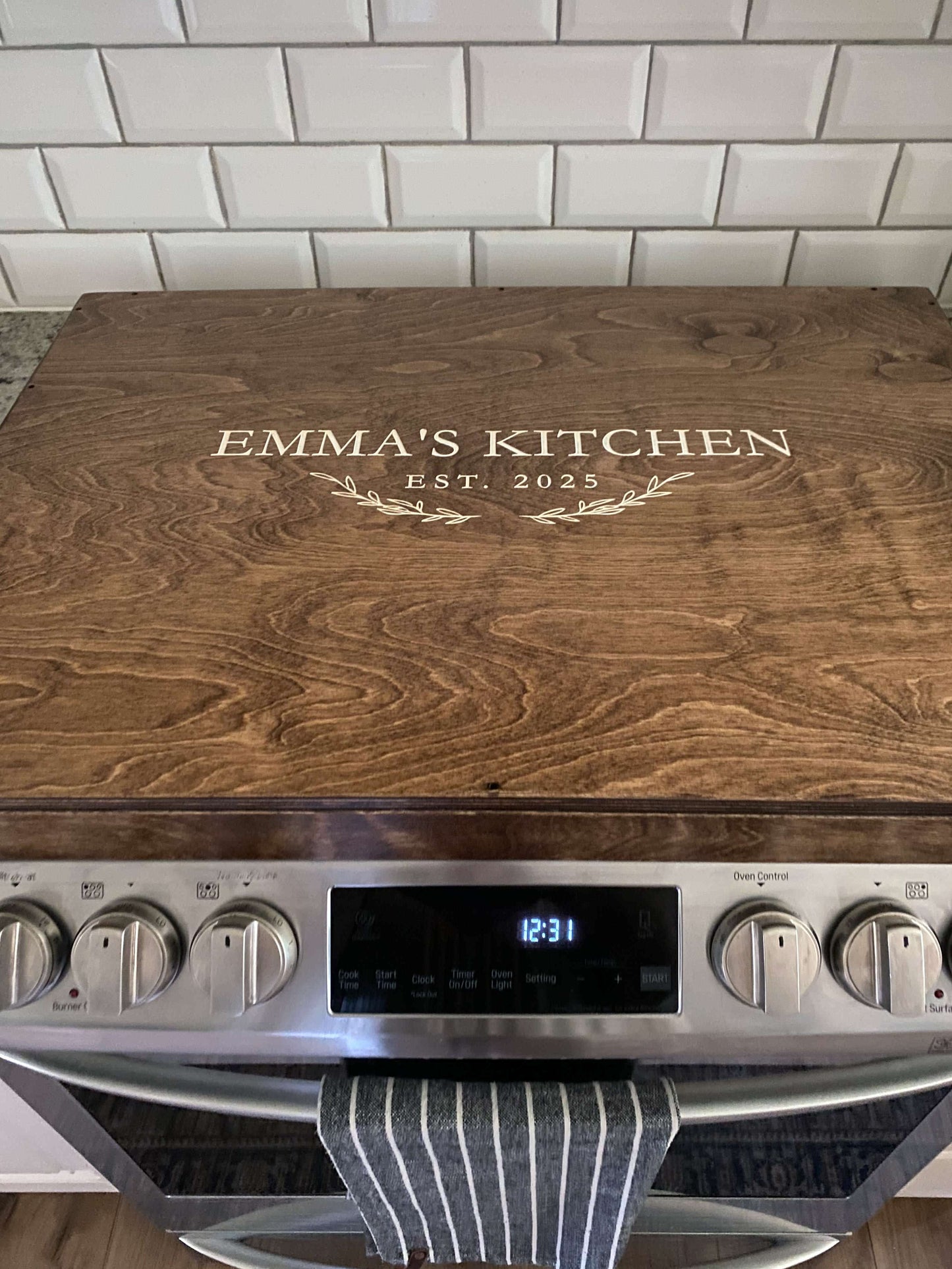 Personalized "Emma's Kitchen" Stove Cover, Warm Brown + Soft White