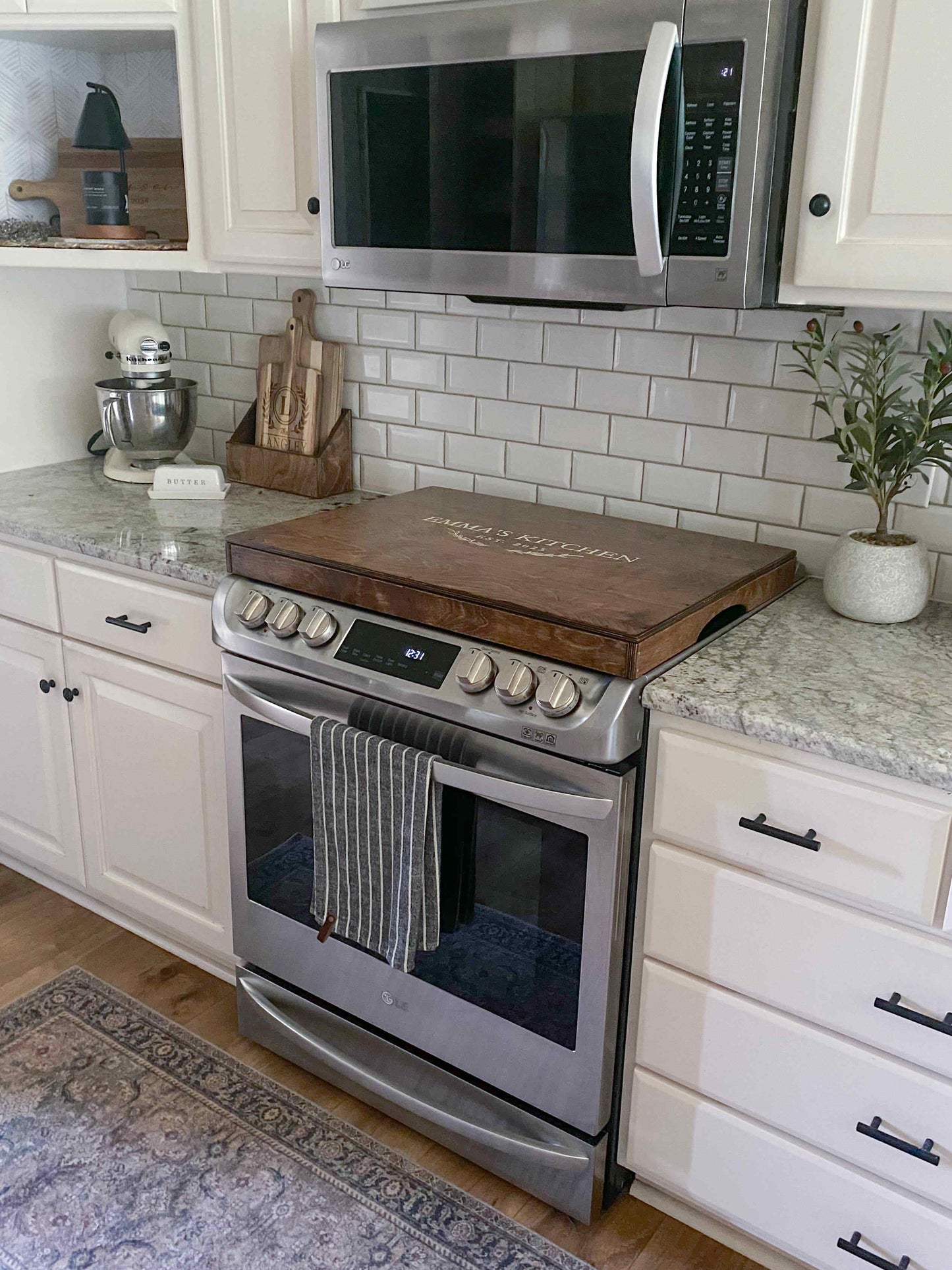 Personalized "Emma's Kitchen" Stove Cover, Warm Brown + Soft White