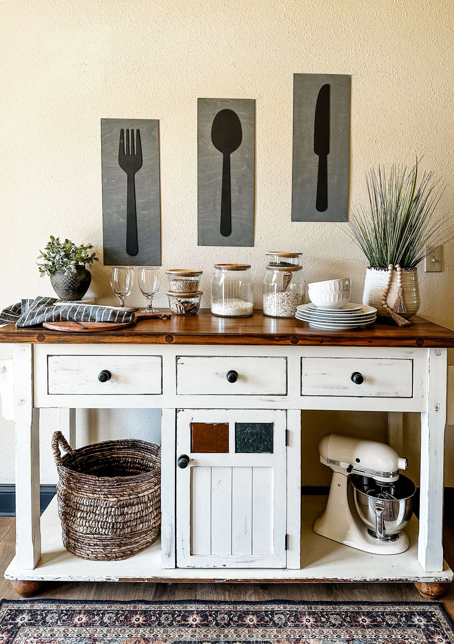 Fork, Knife, & Spoon Wall Hanging, Heather Gray + Black layered