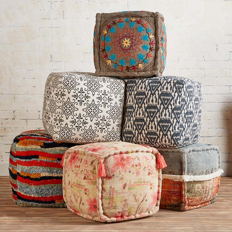 Farmhouse Black and Beige Pouf