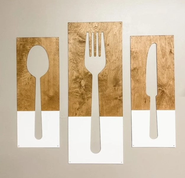 Fork, Knife, & Spoon Wall Hanging, Wood + White