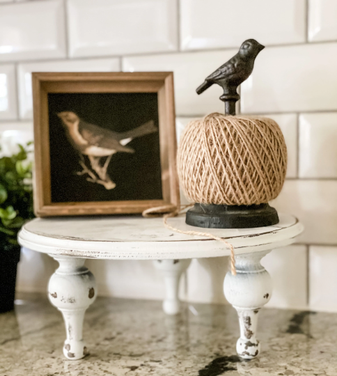 Round Riser with Tall Legs, Distressed Ivory
