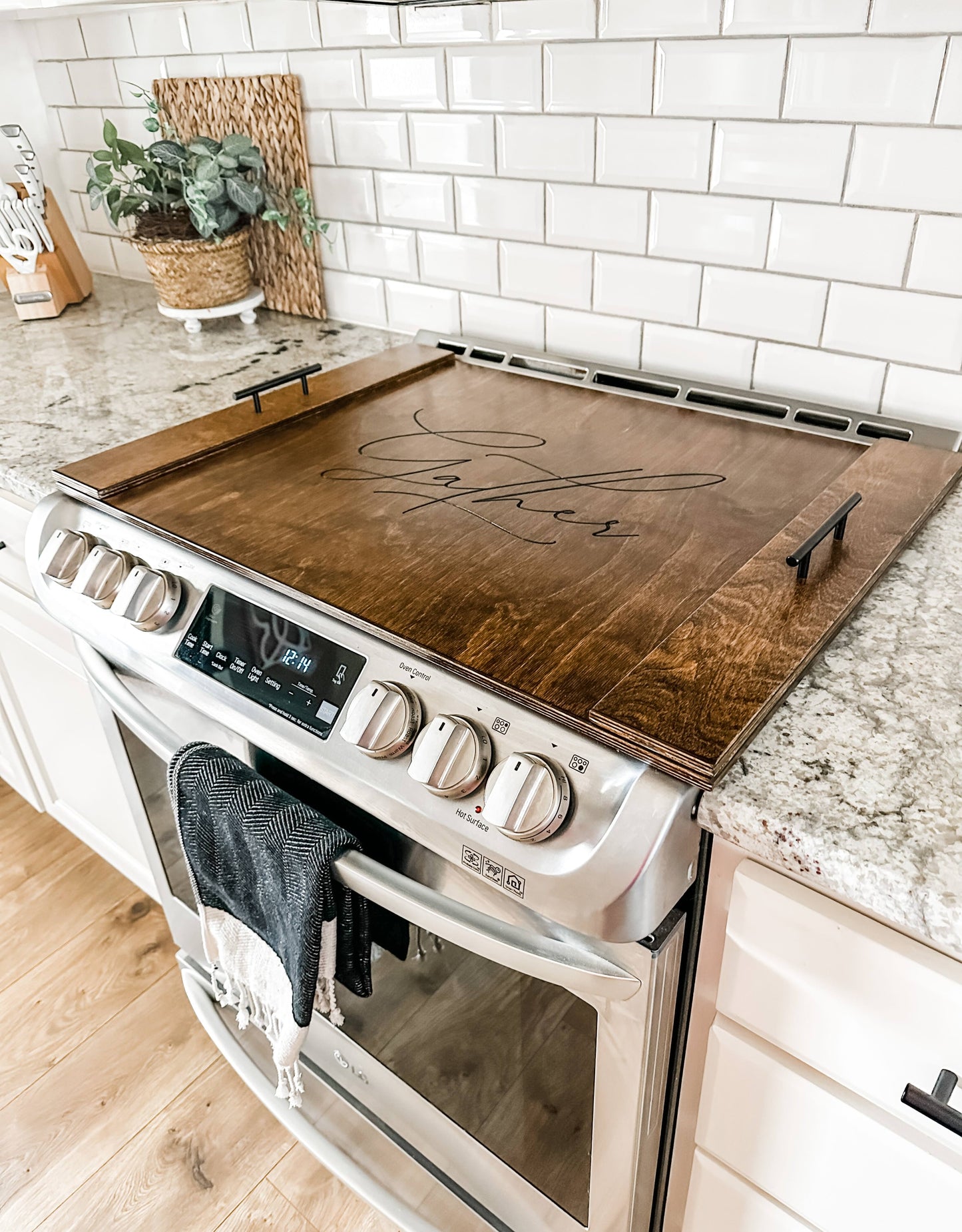 Warm Brown Gather Engraved Noodle Board Stove Cover
