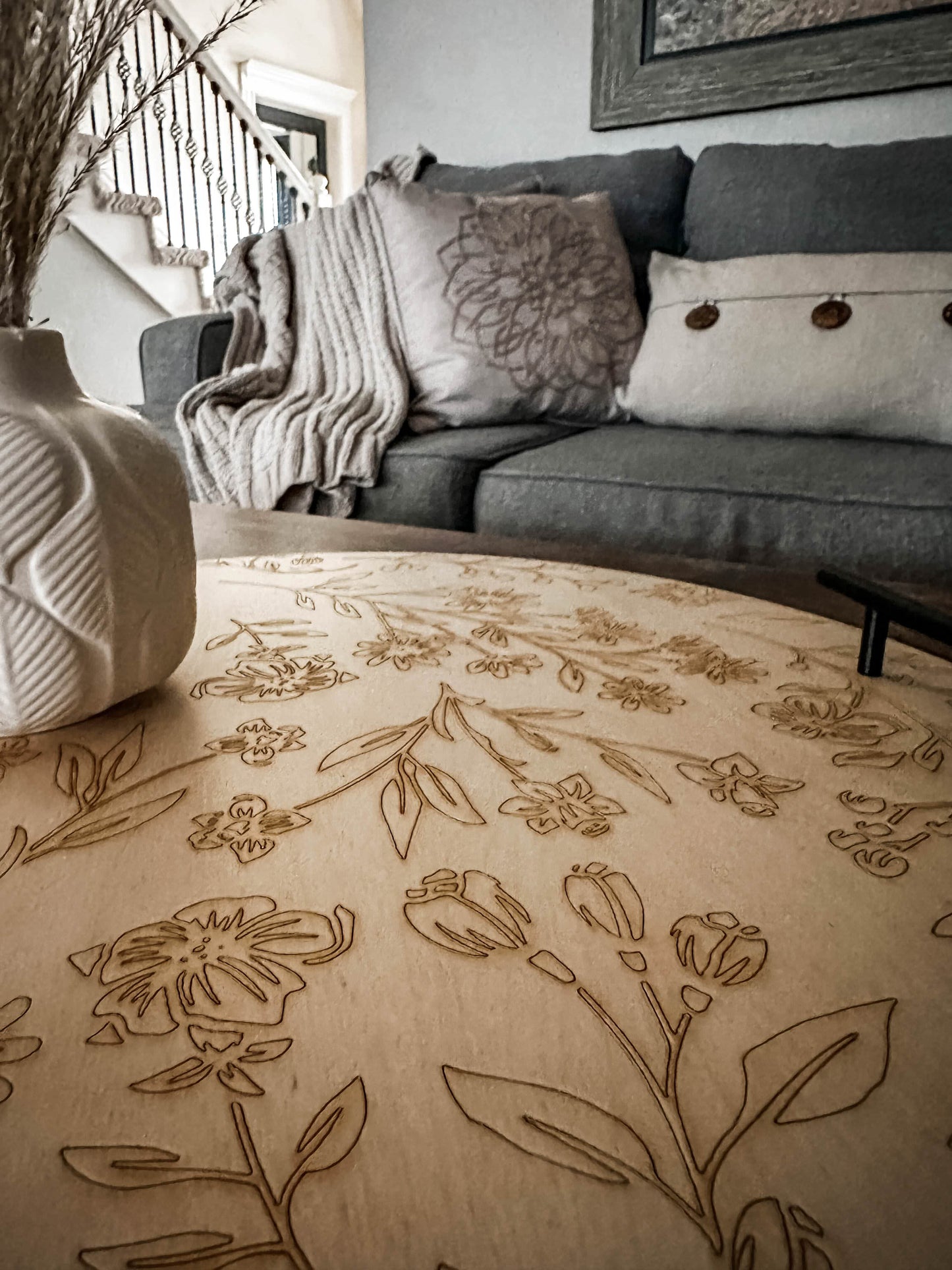 Engraved Floral Ottoman Tray, Natural Wood
