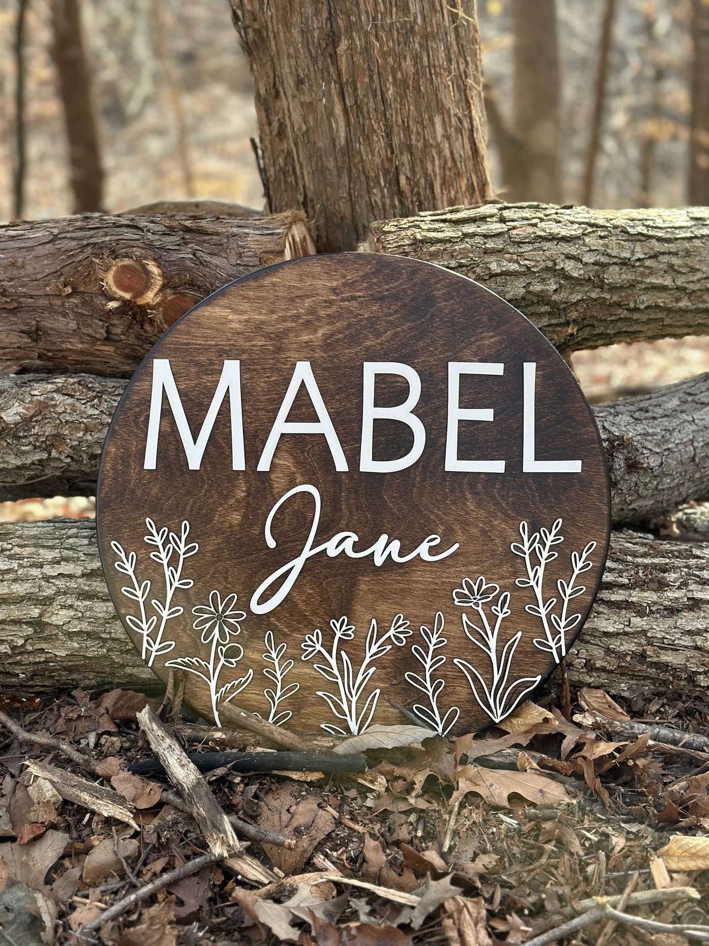 Engraved Floral Baby Name Sign, "Mabel"
