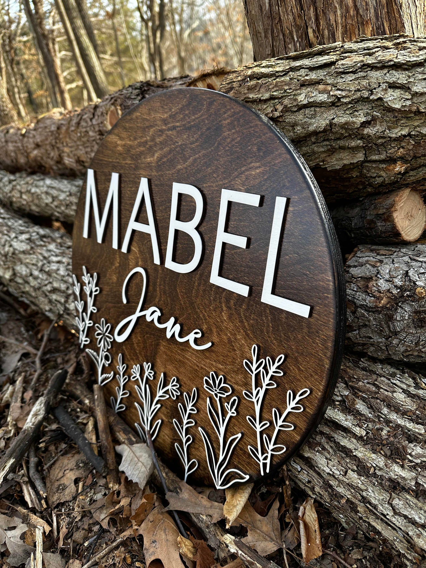 Engraved Floral Baby Name Sign, "Mabel"