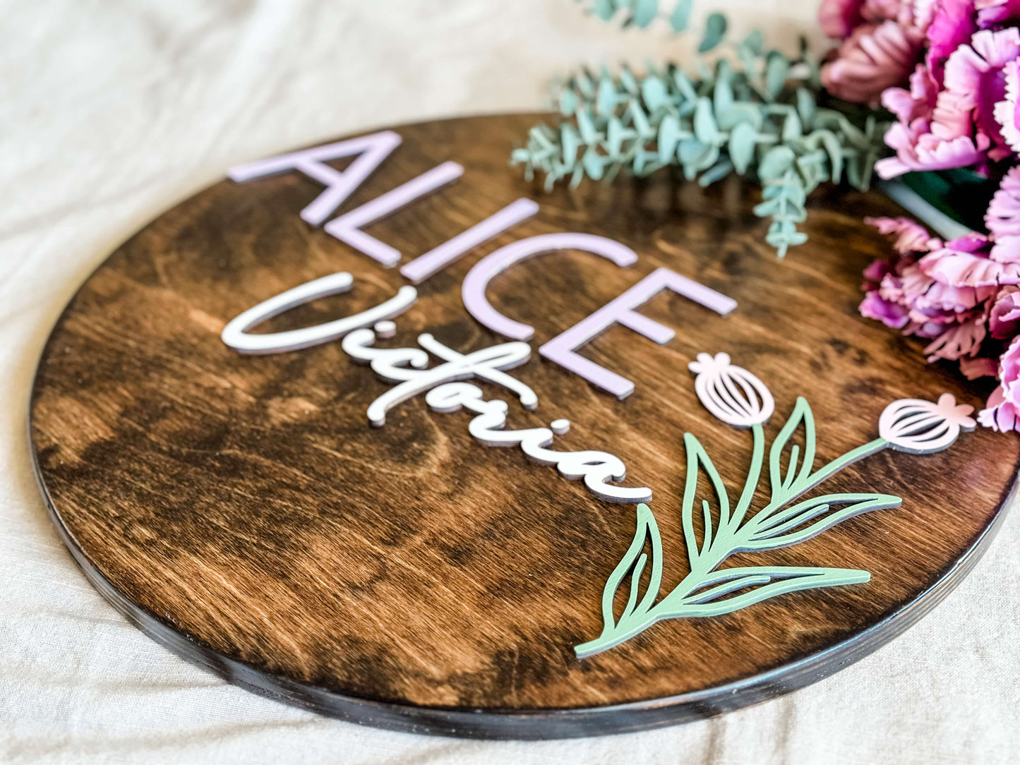 Engraved Birth Flower Baby Name Sign, "Alice"