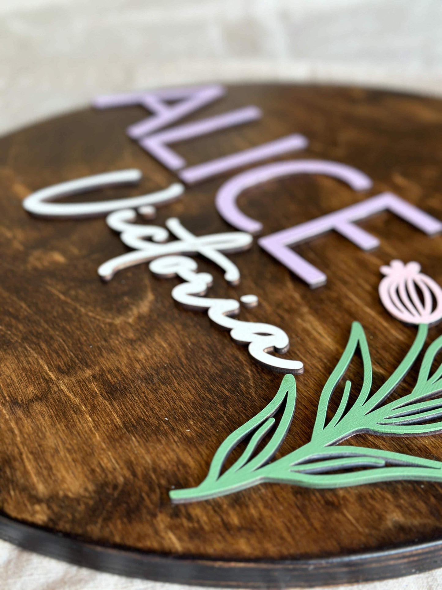 Engraved Birth Flower Baby Name Sign, "Alice"