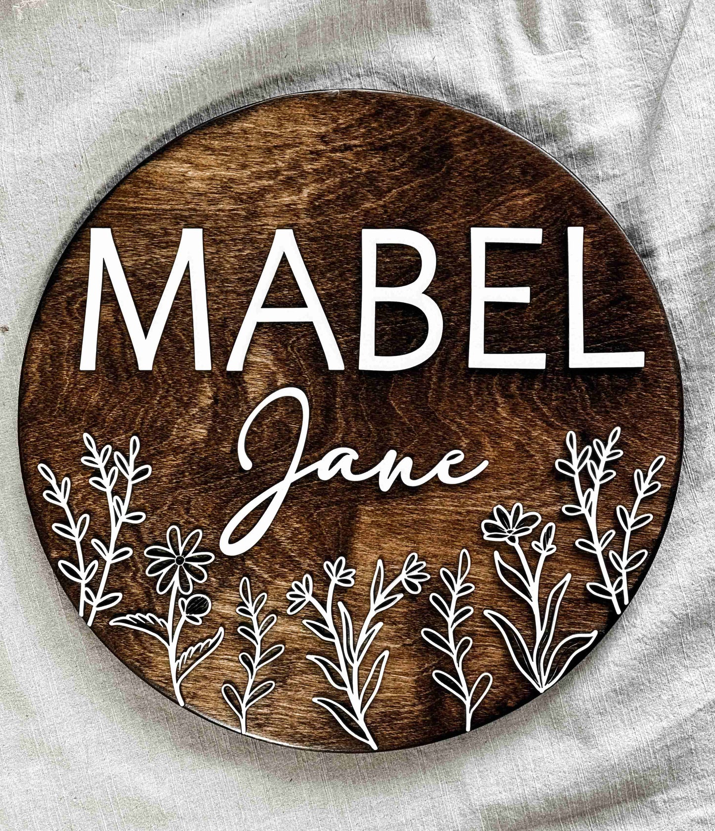 Engraved Floral Baby Name Sign, "Mabel"