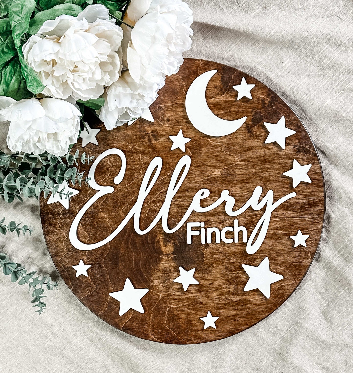 Engraved Celestial Baby Name Sign, "Ellery"